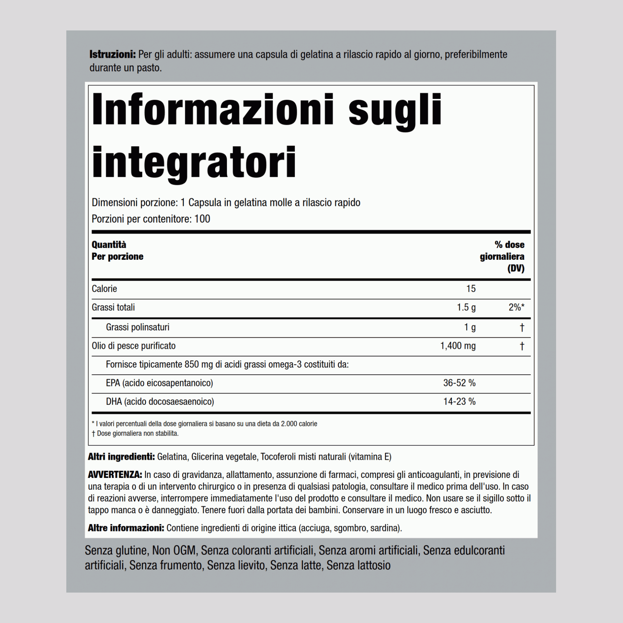 Olio di pesce Omega-3 a tripla azione 1360 mg (900 mg di Omega-3 attivo) 100 Capsule in gelatina molle a rilascio rapido       