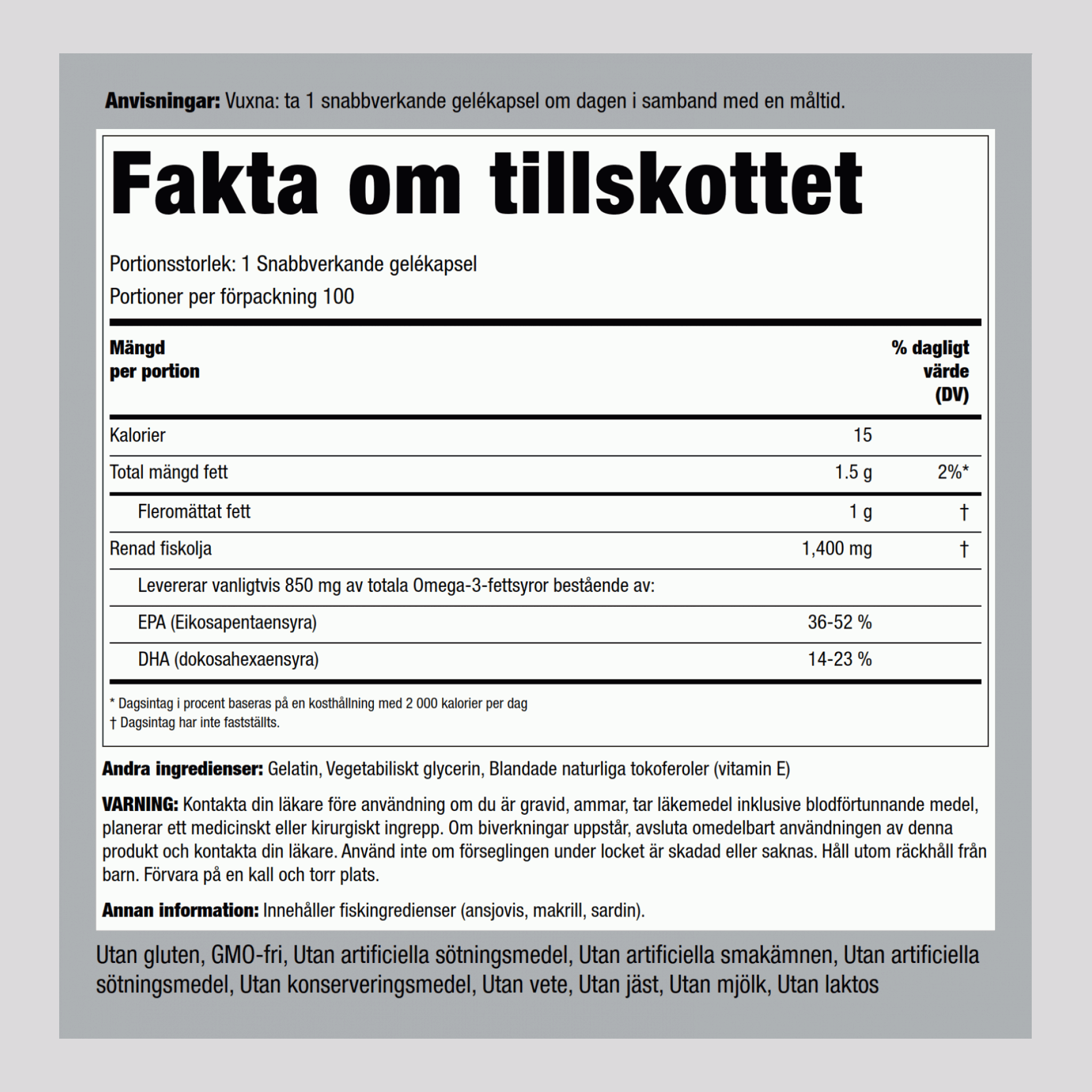 Fiskolja med Omega-3 och tredubbel styrka 1360 mg (900 mg aktiv Omega-3) 100 Snabbverkande gelékapslar       