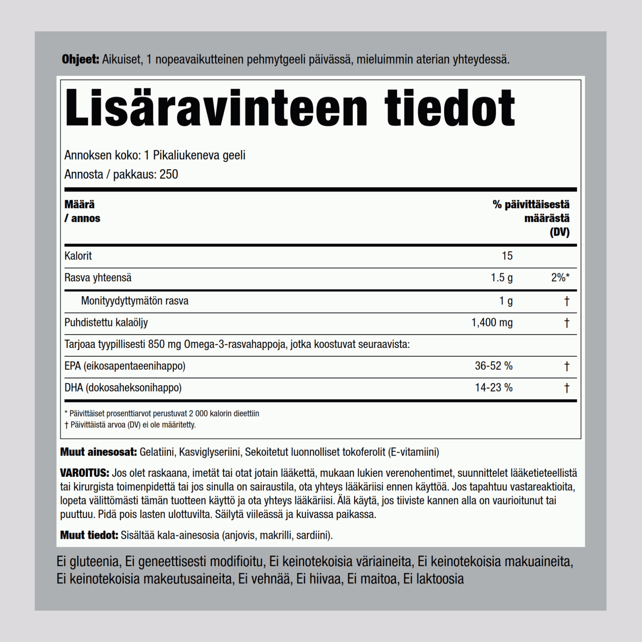 Vahva omega-3-kalaöljy 1360 mg (900 mg aktiivista omega-3:a) 250 Pikaliukenevat geelit       