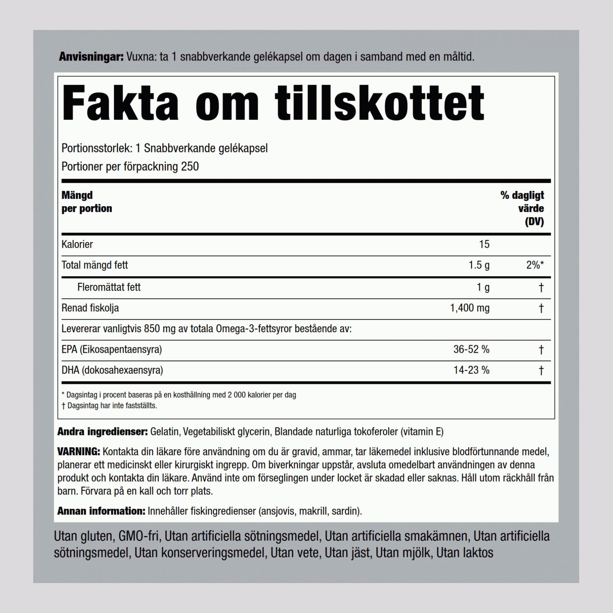 Fiskolja med Omega-3 och tredubbel styrka 1360 mg (900 mg aktiv Omega-3) 250 Snabbverkande gelékapslar       