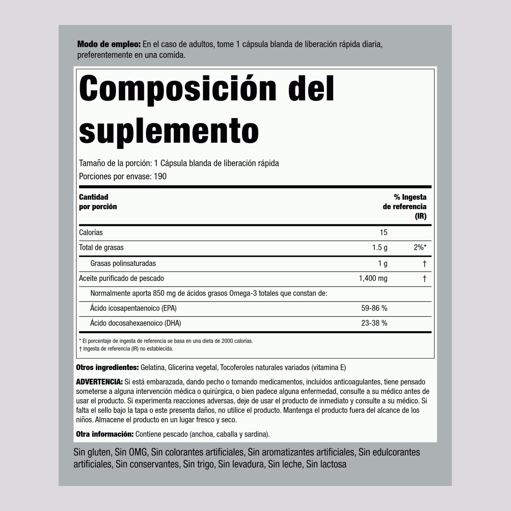 Aceite de pescado Omega-3 de triple concentración 1360 mg(900 mg de omega-3 activo) 190 Cápsulas blandas de liberación rápida    