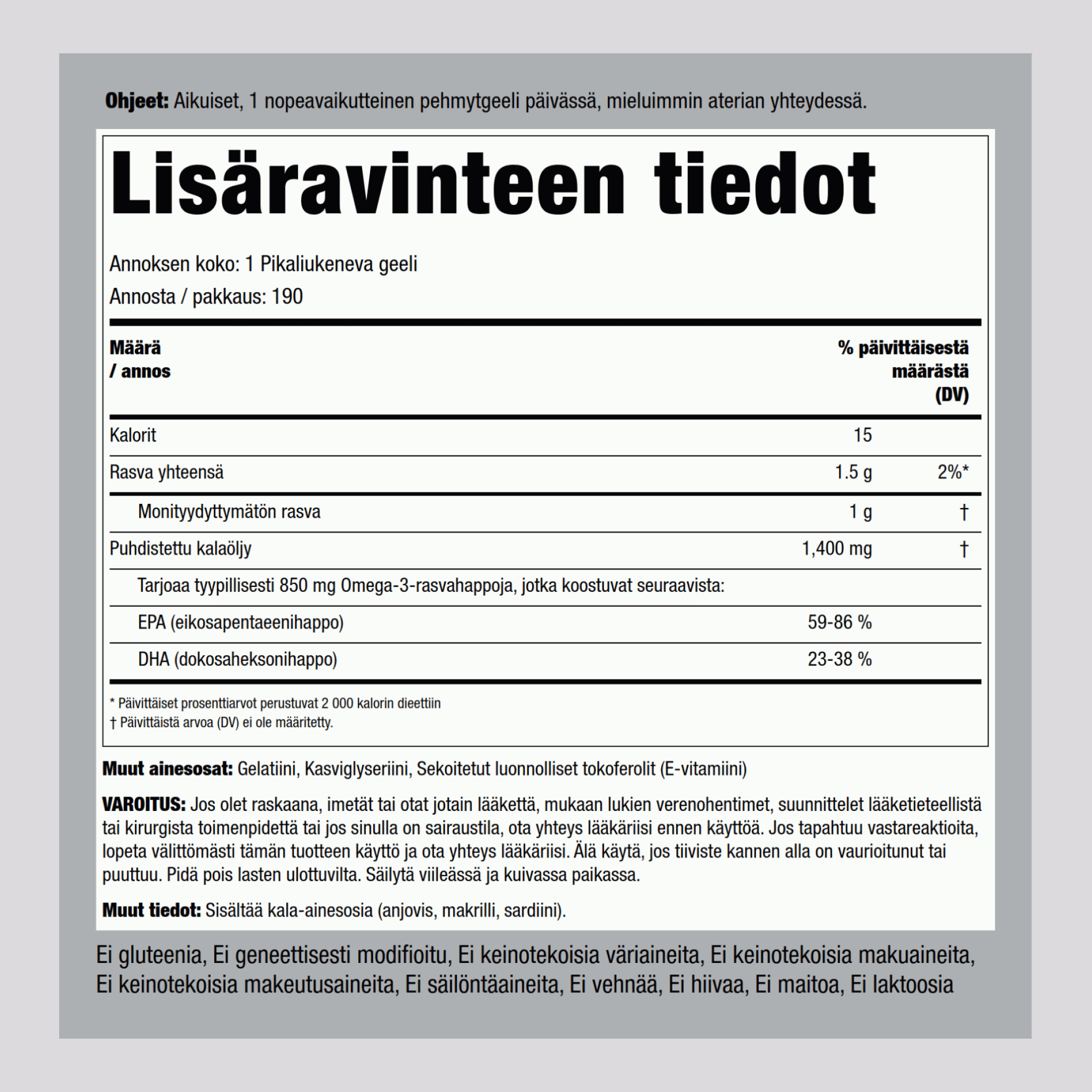 Vahva omega-3-kalaöljy 1360 mg (900 mg aktiivista omega-3:a) 190 Pikaliukenevat geelit    