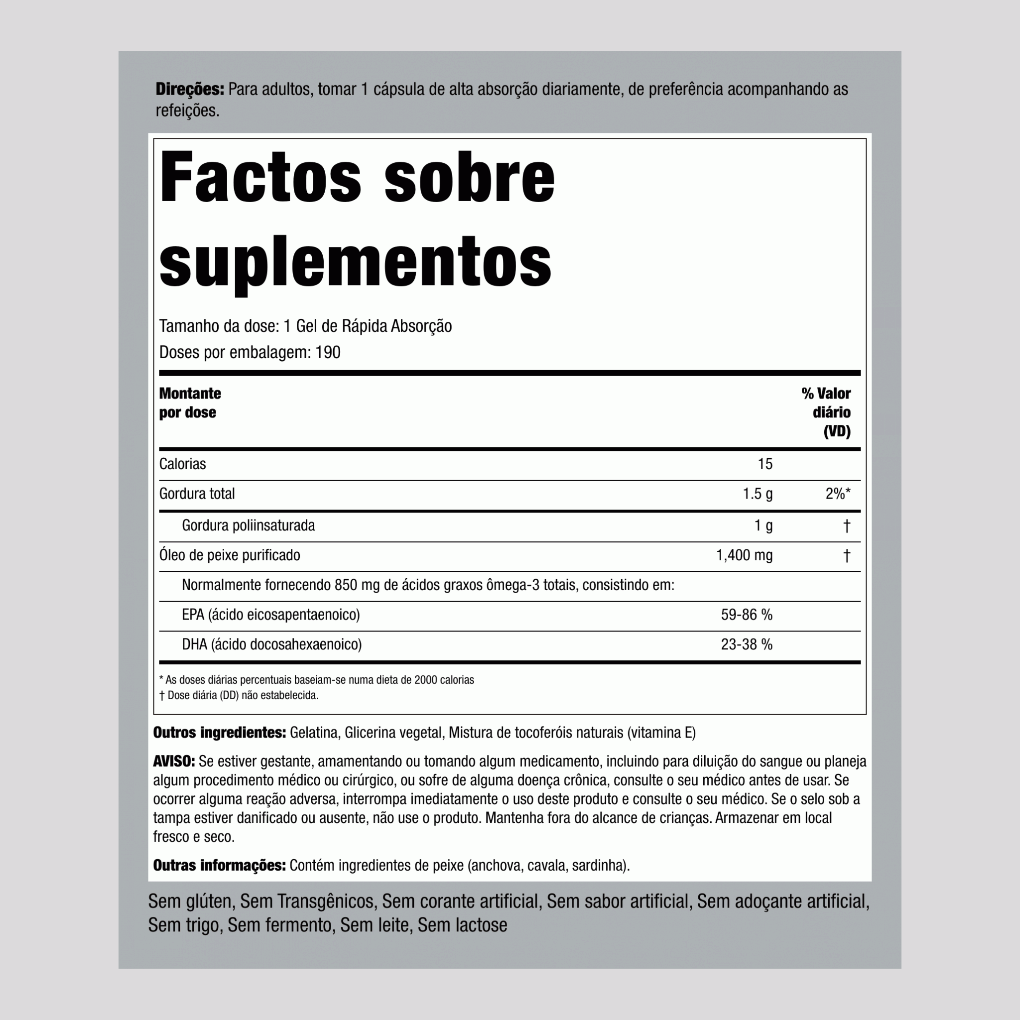 Óleo de peixe com ómega-3 Tripla concentração 1360 mg (900 mg de ómega-3 ativo) 190 Gels de Rápida Absorção    