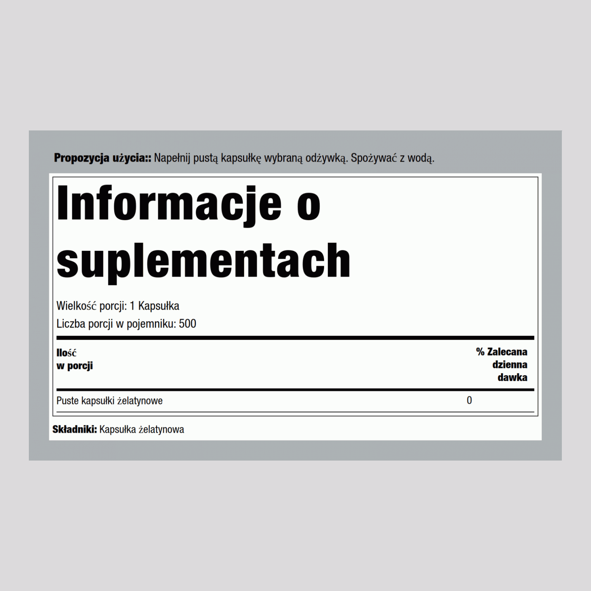 Puste kapsułki, rozmiar „0” 500 Kapsułki o szybkim uwalnianiu       