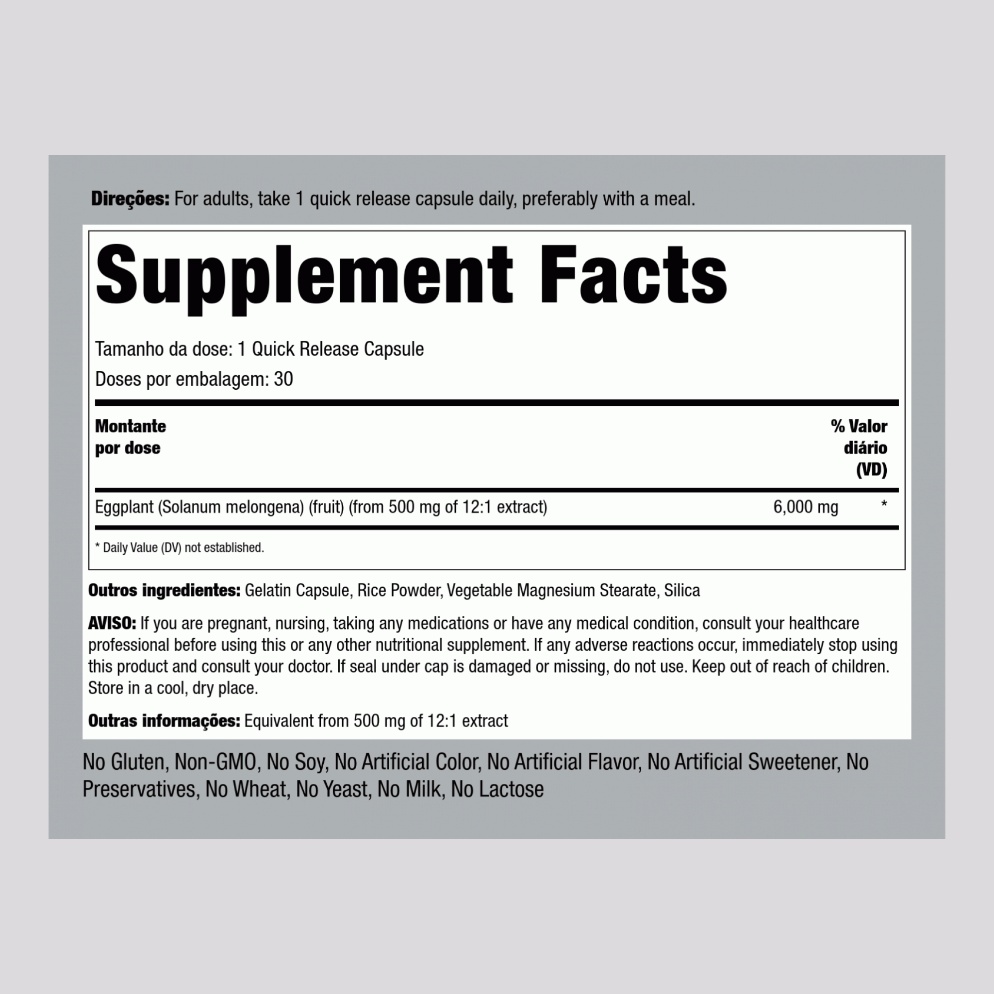 Extrait d'aubergine,  6000 mg 30 Gélules à libération rapide 2 Bouteilles