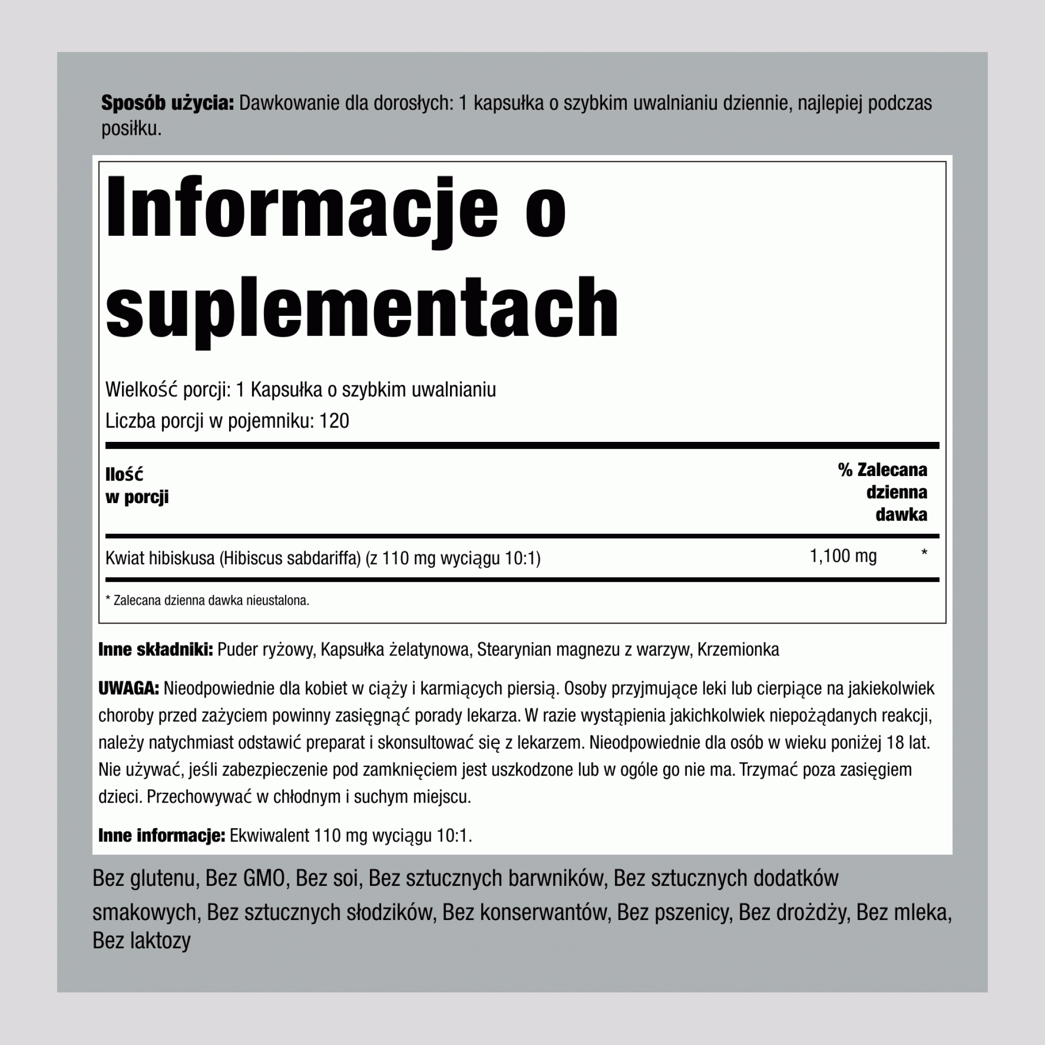 Kwiat hibiskusa  1100 mg 120 Kapsułki o szybkim uwalnianiu     