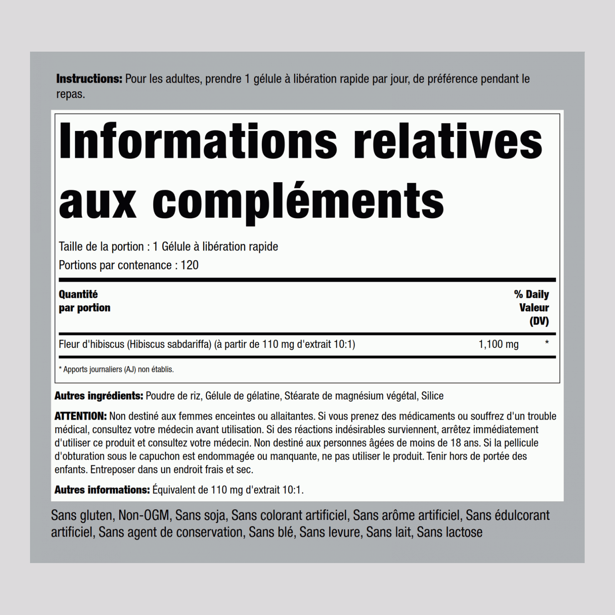 Fleur d’hibiscus 1100 mg 120 Gélules à libération rapide     