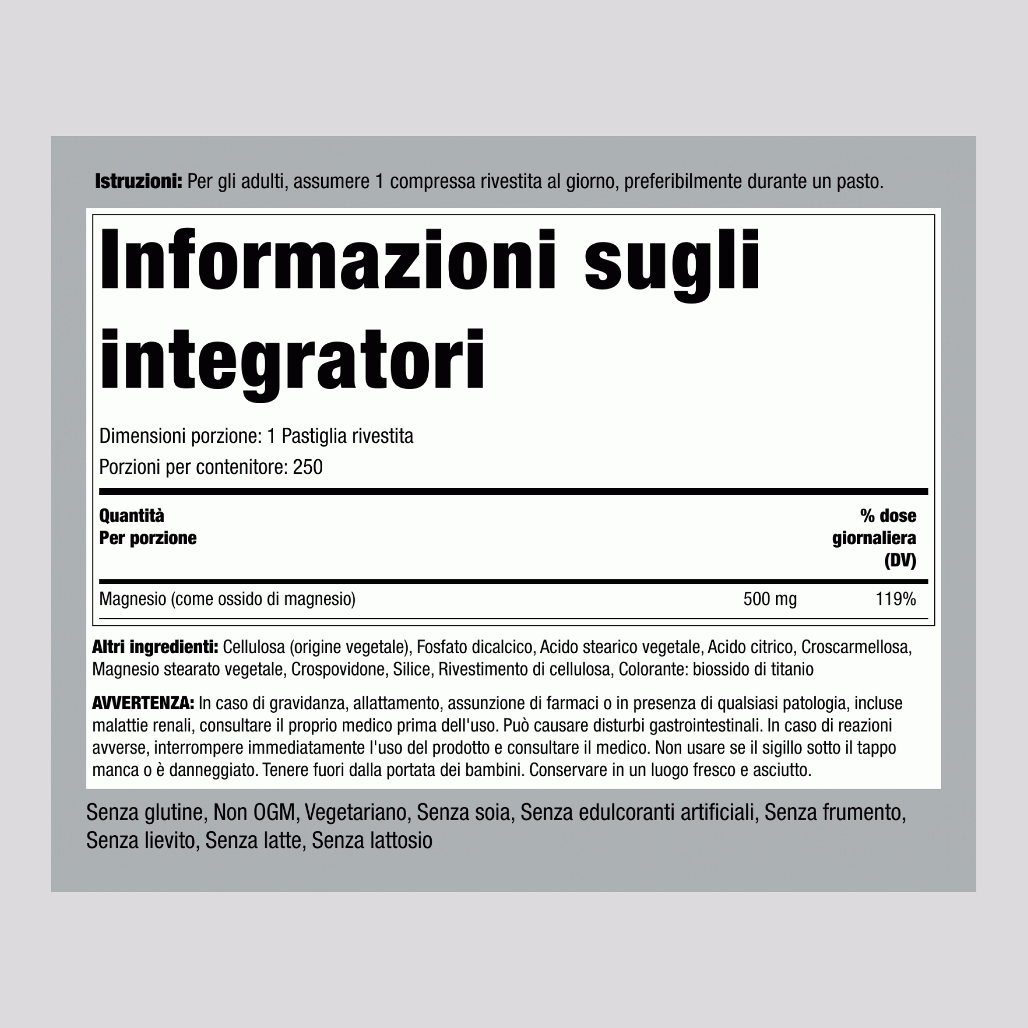 Ossido di magnesio  500 mg 250 Pastiglie rivestite     