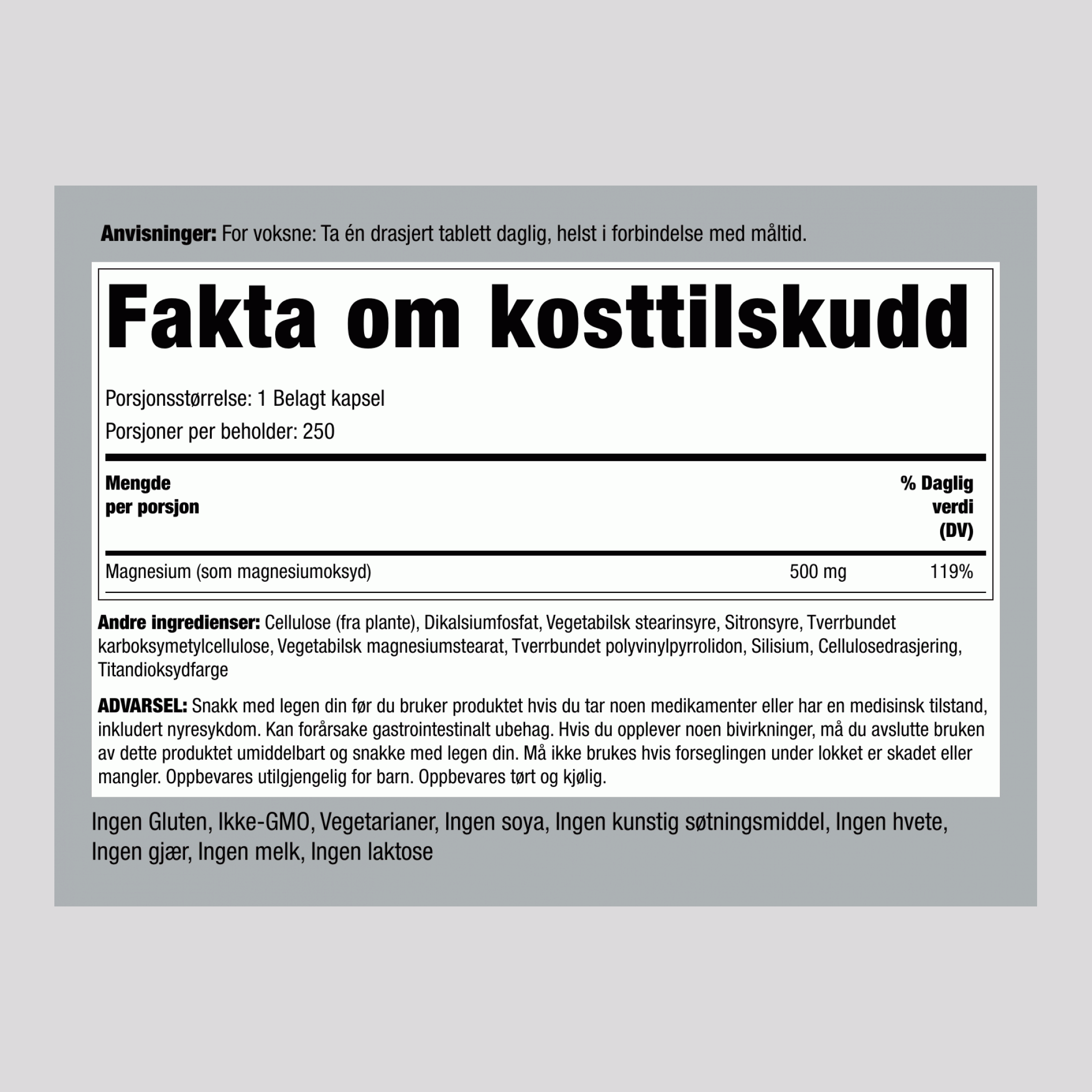 Magnesiumoksid  500 mg 250 Belagte kapsler     