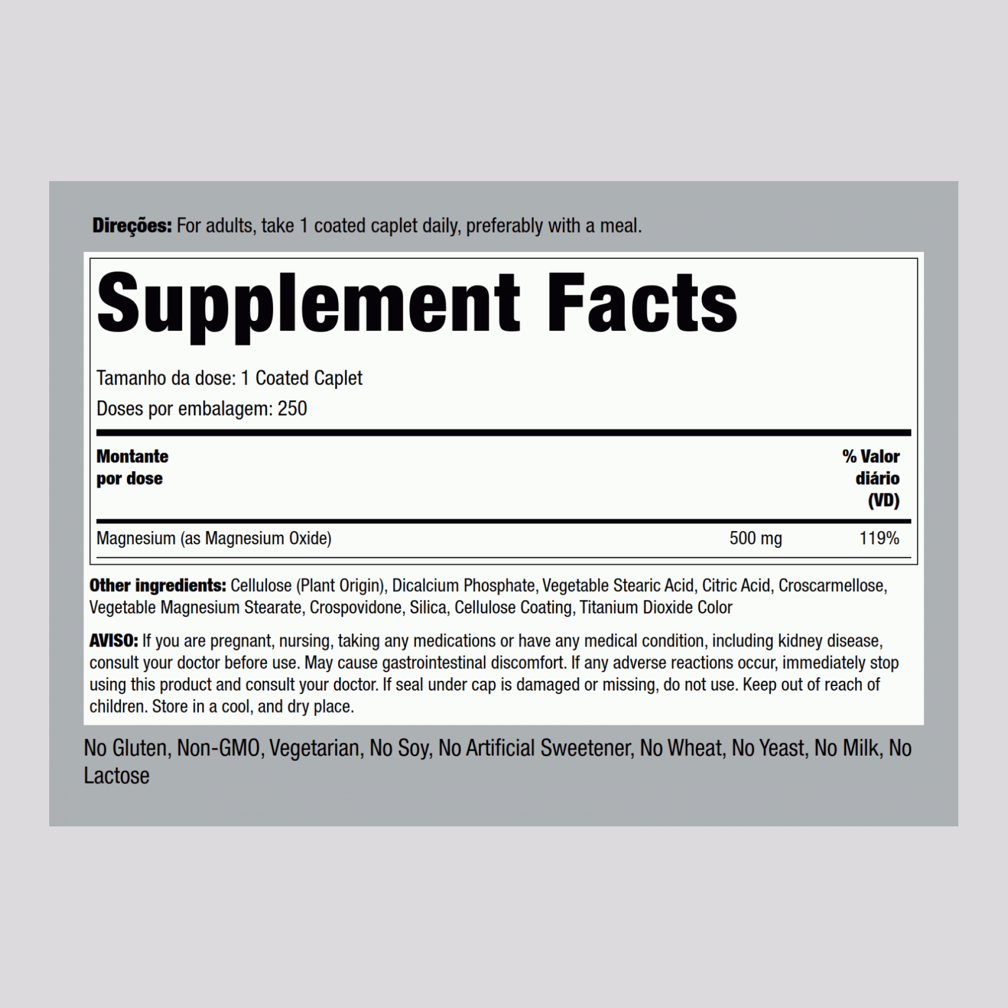 Óxido de magnésio  500 mg 250 Comprimidos oblongos revestidos     