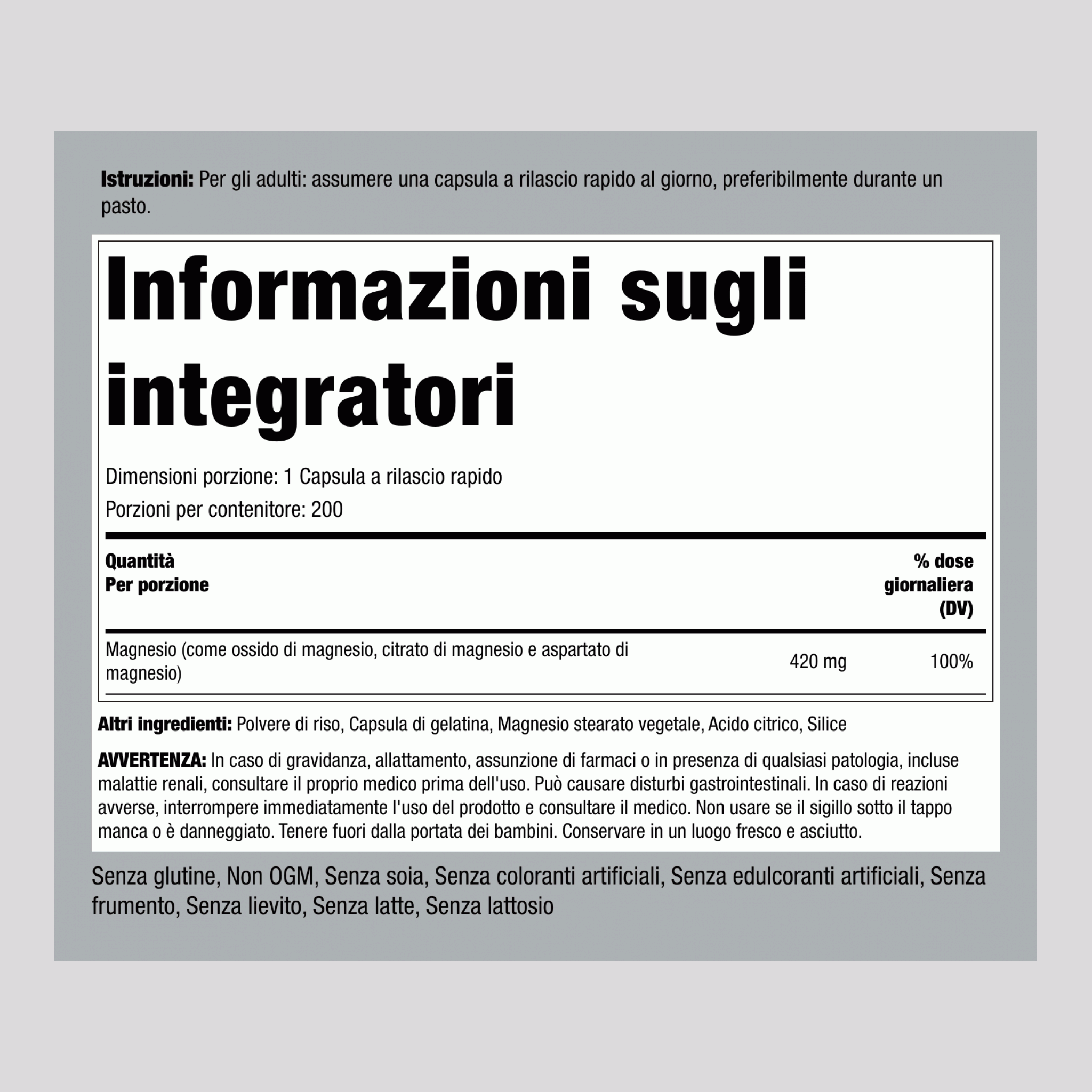 Complesso di magnesio tripla azione 420 mg 200 Capsule a rilascio rapido     