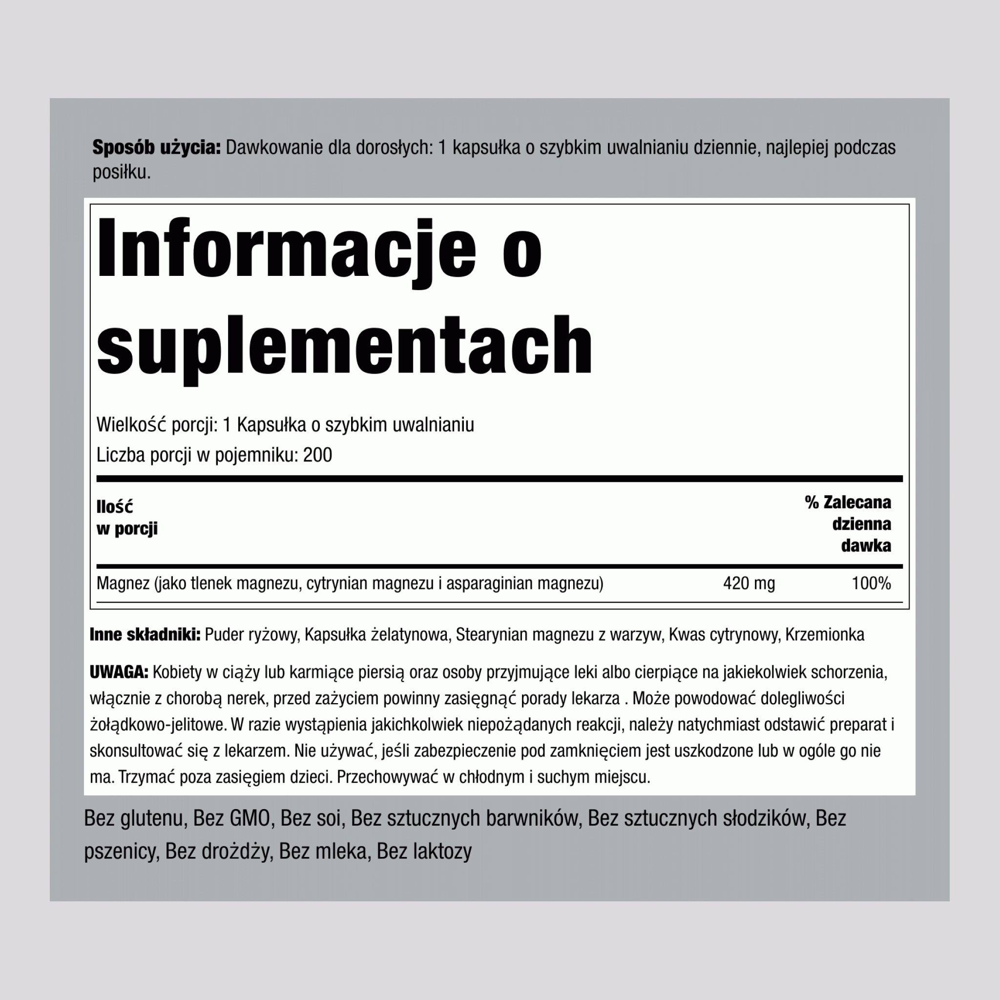 Kompleks magnezu o potrójnym działaniu 420 mg 200 Kapsułki o szybkim uwalnianiu     