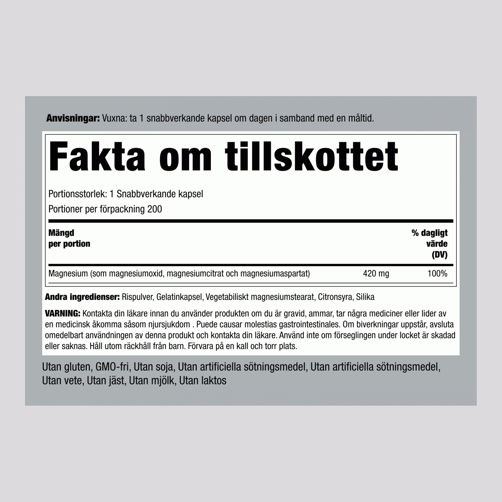 Magnesiumsammansättning med tredubbel effekt  420 mg 200 Snabbverkande kapslar     
