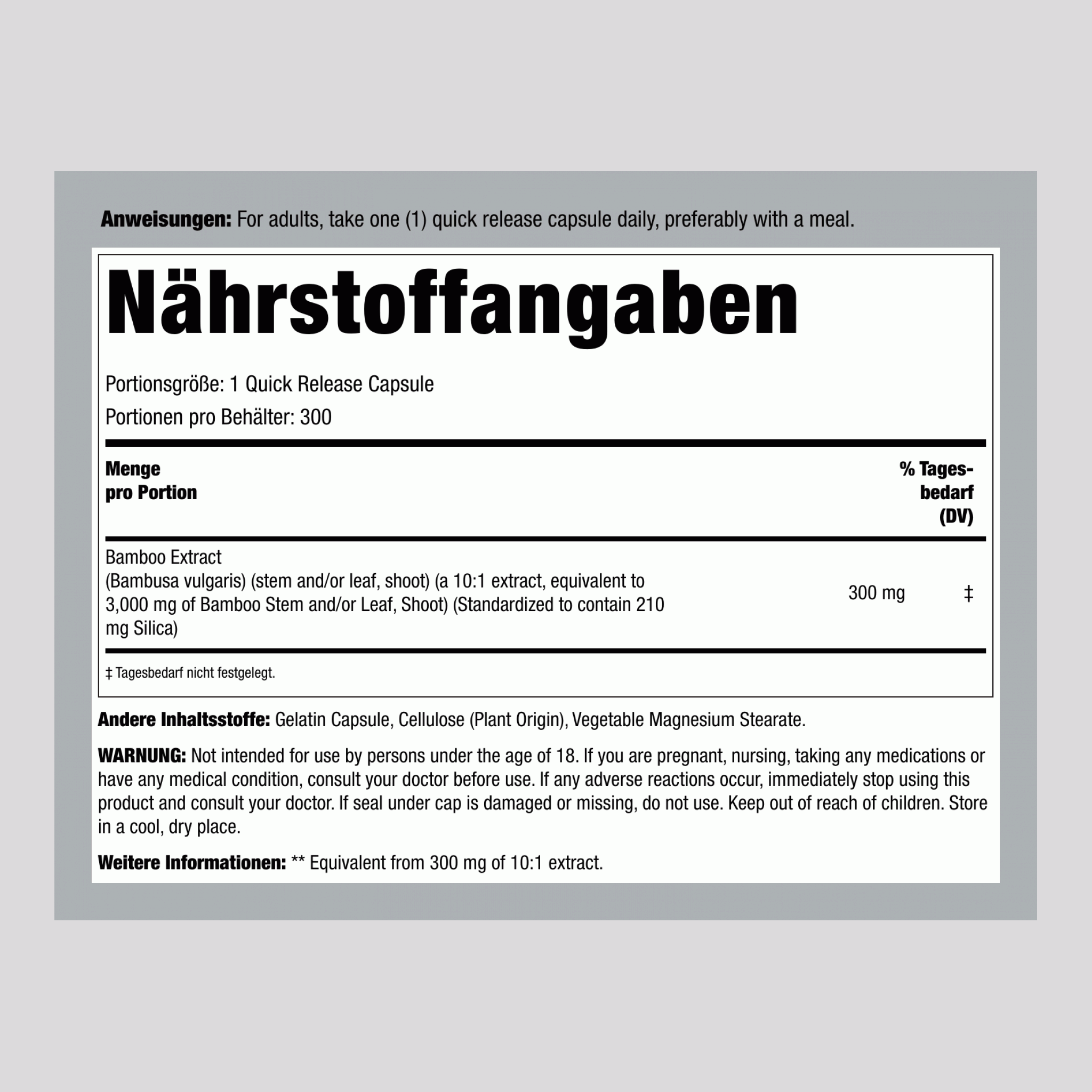 Bambusextrakt, 3000 mg, 300 Kapseln mit schneller Freisetzung