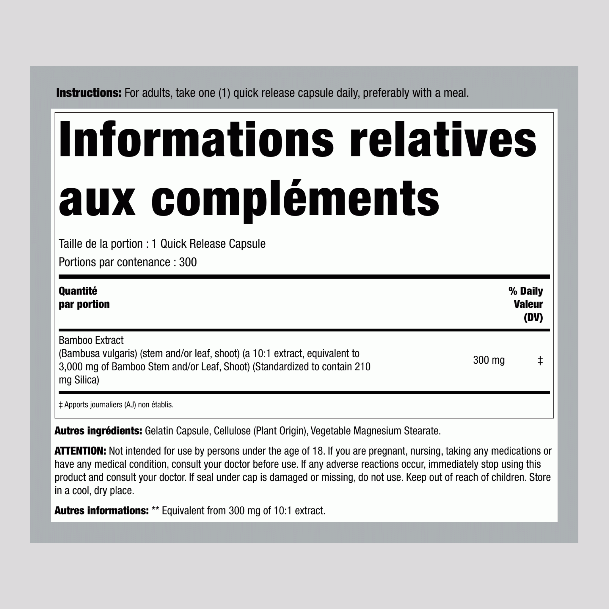 Extrait de Bambou, 3000 mg, 300 capsules à libération rapide