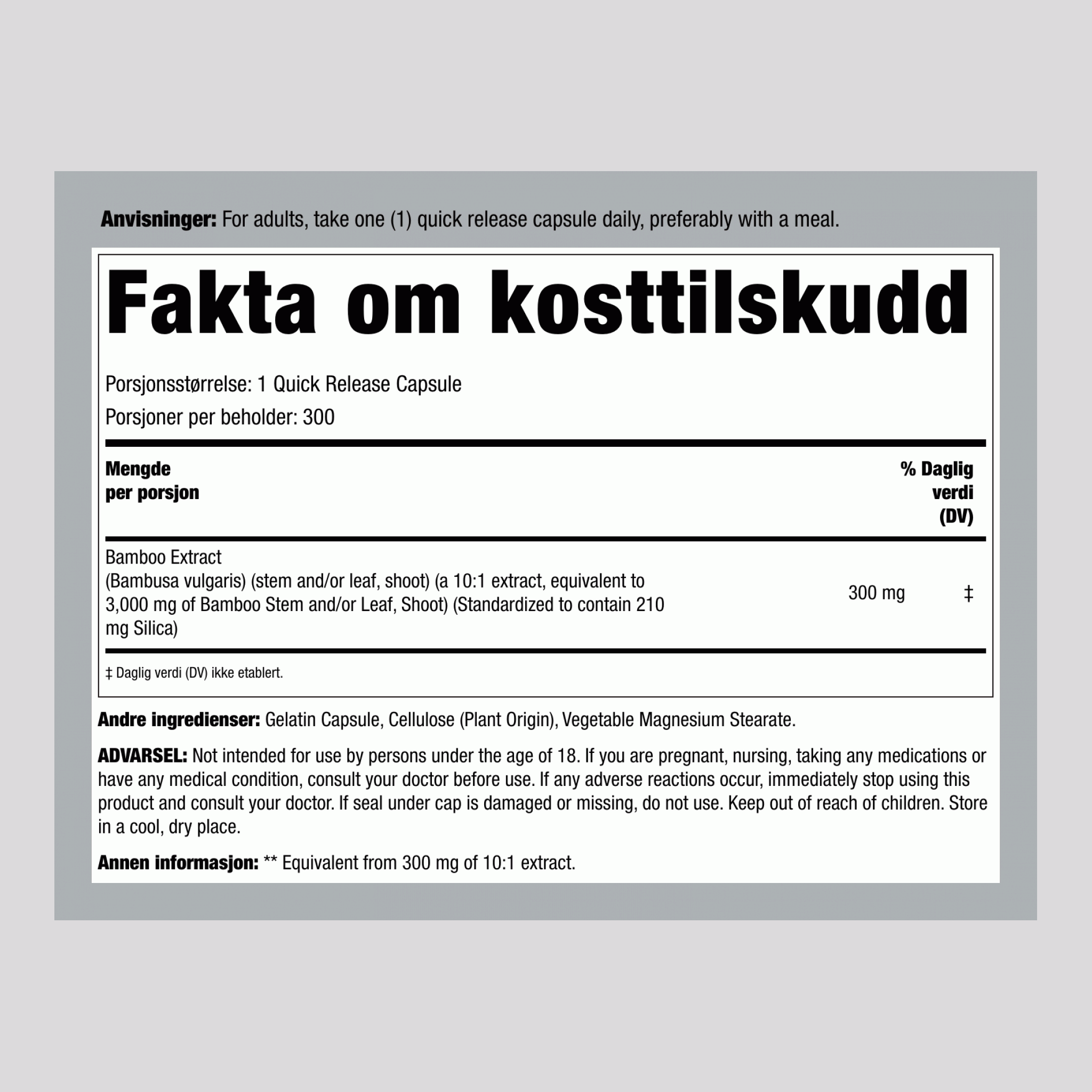 Bambusekstrakt, 3000 mg, 300 hurtigutløsende kapsler