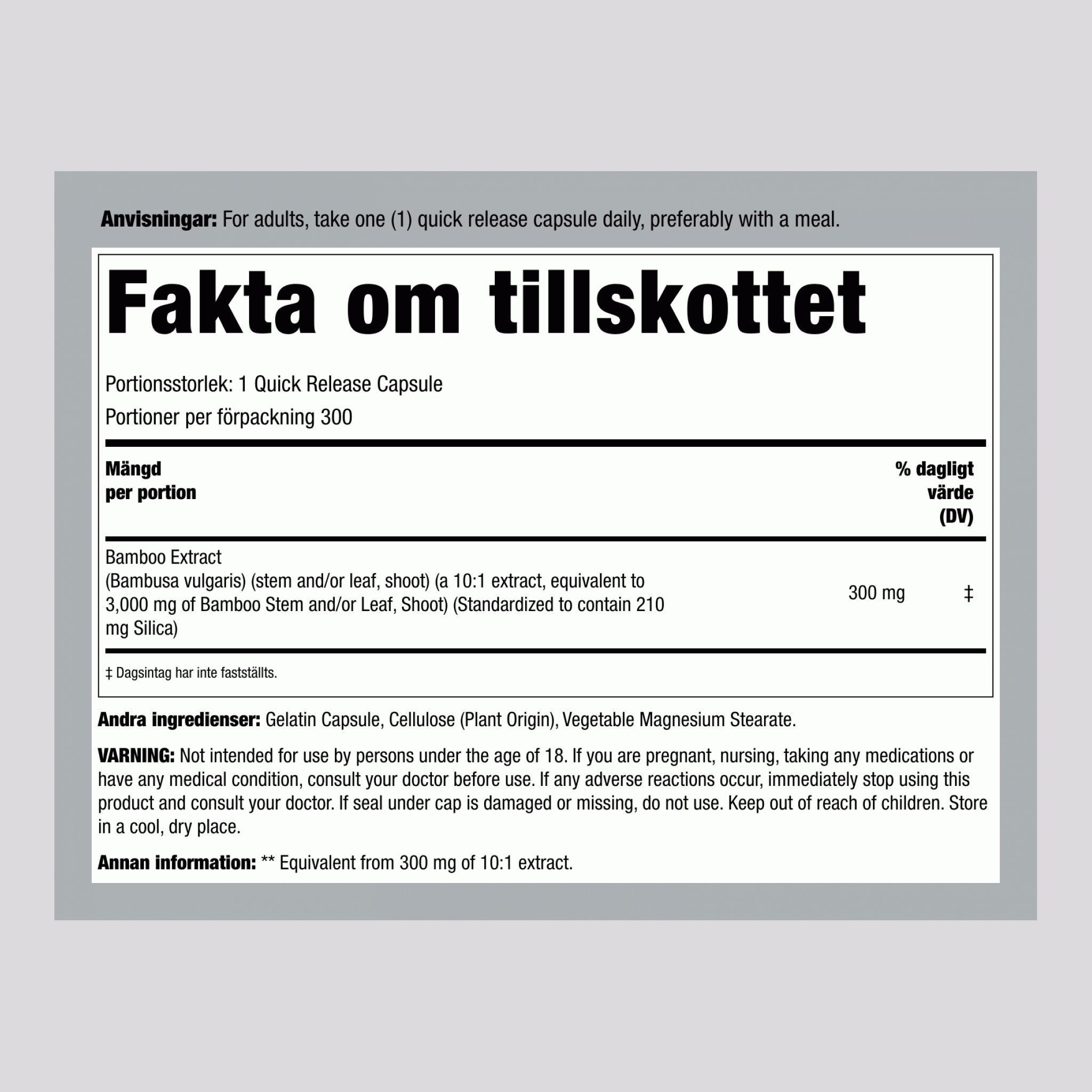 Bambuextrakt, 3000 mg, 300 snabbfrisläppande kapslar