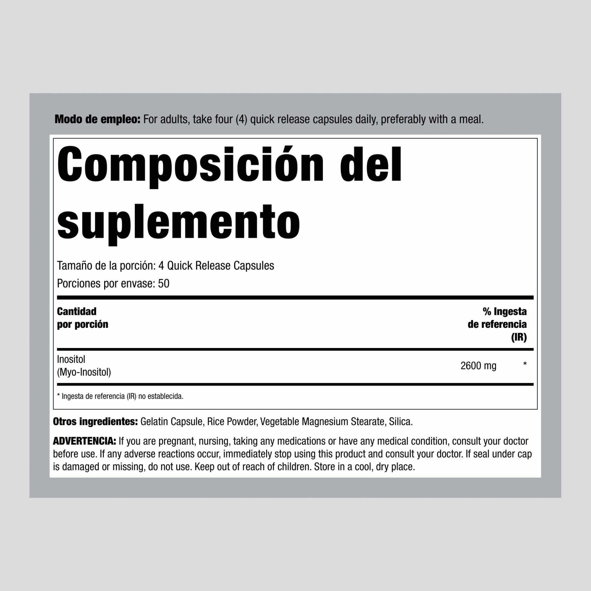 Inositol, 2600 mg (por porción), 200 Cápsulas de Liberación Rápida