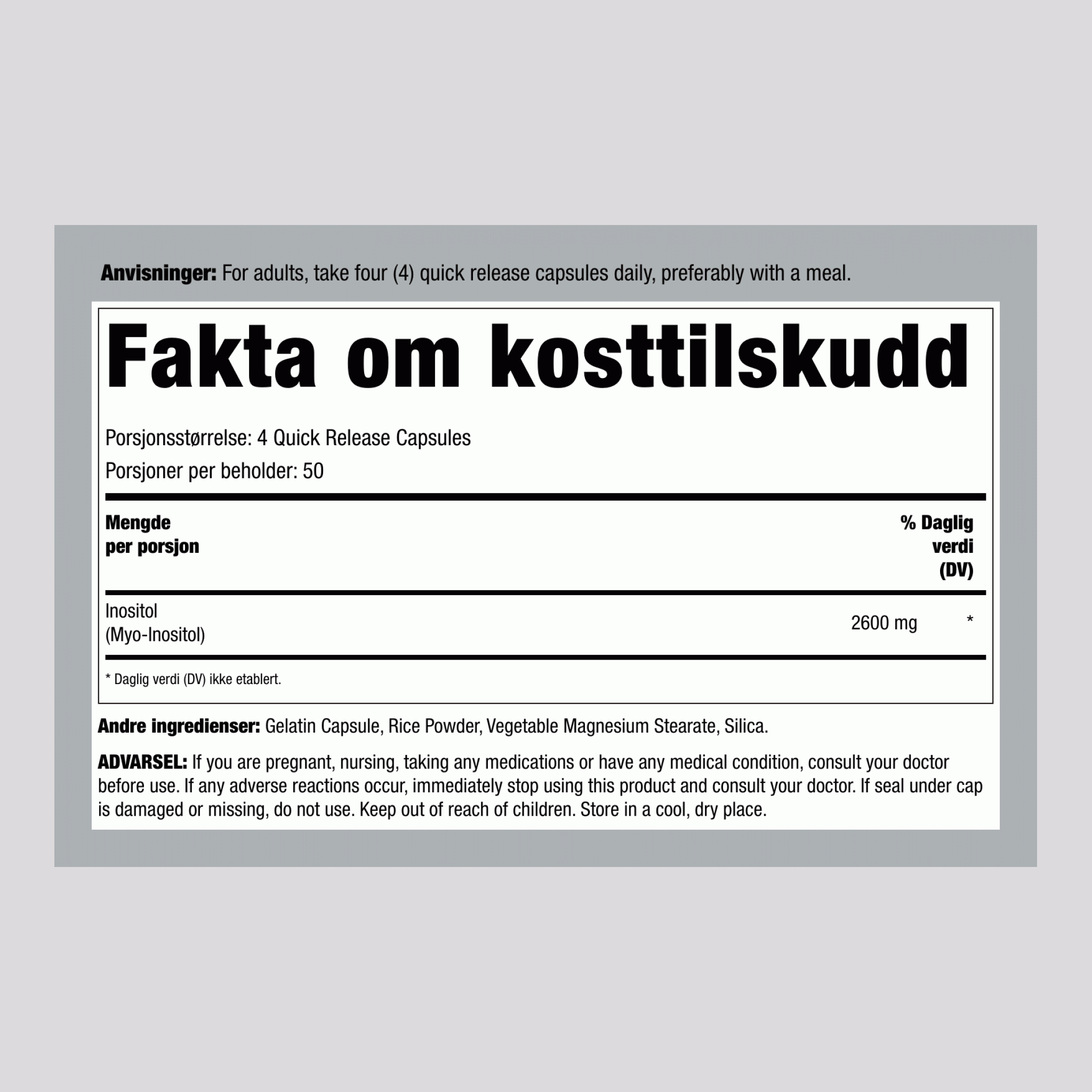 Inositol, 2600 mg (per porsjon), 200 hurtigutløsende kapsler