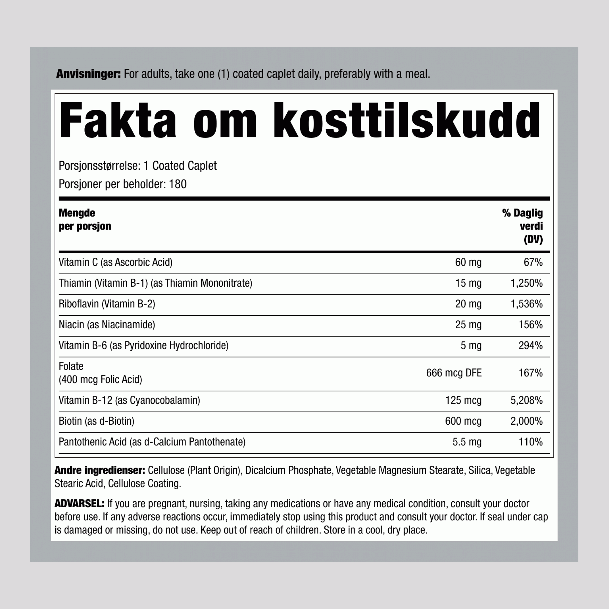 B-kompleks stressformel pluss vitamin C med tidsutløsning, 180 belagte tabletter