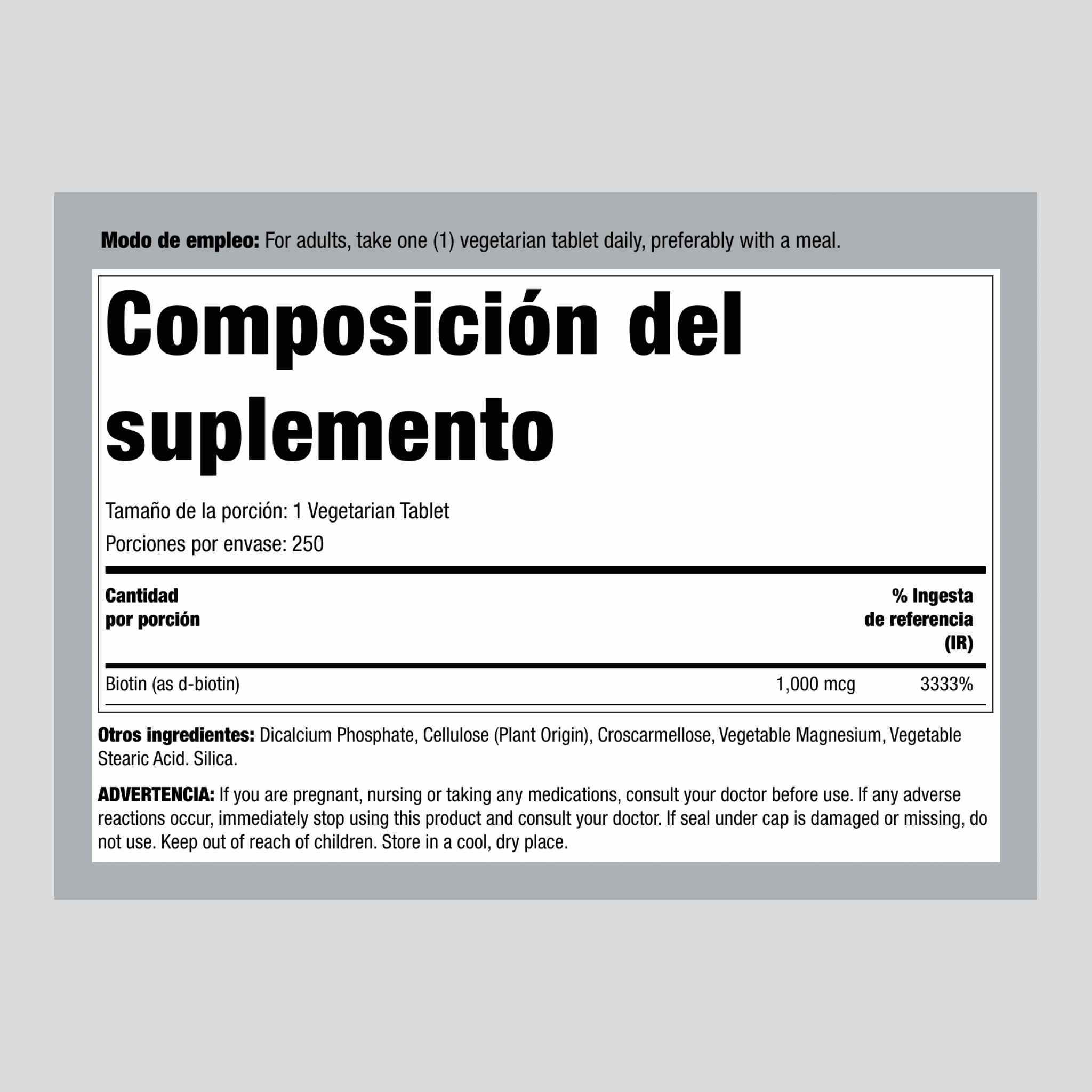 Biotina, 1000 mcg, 250 tabletas vegetarianas