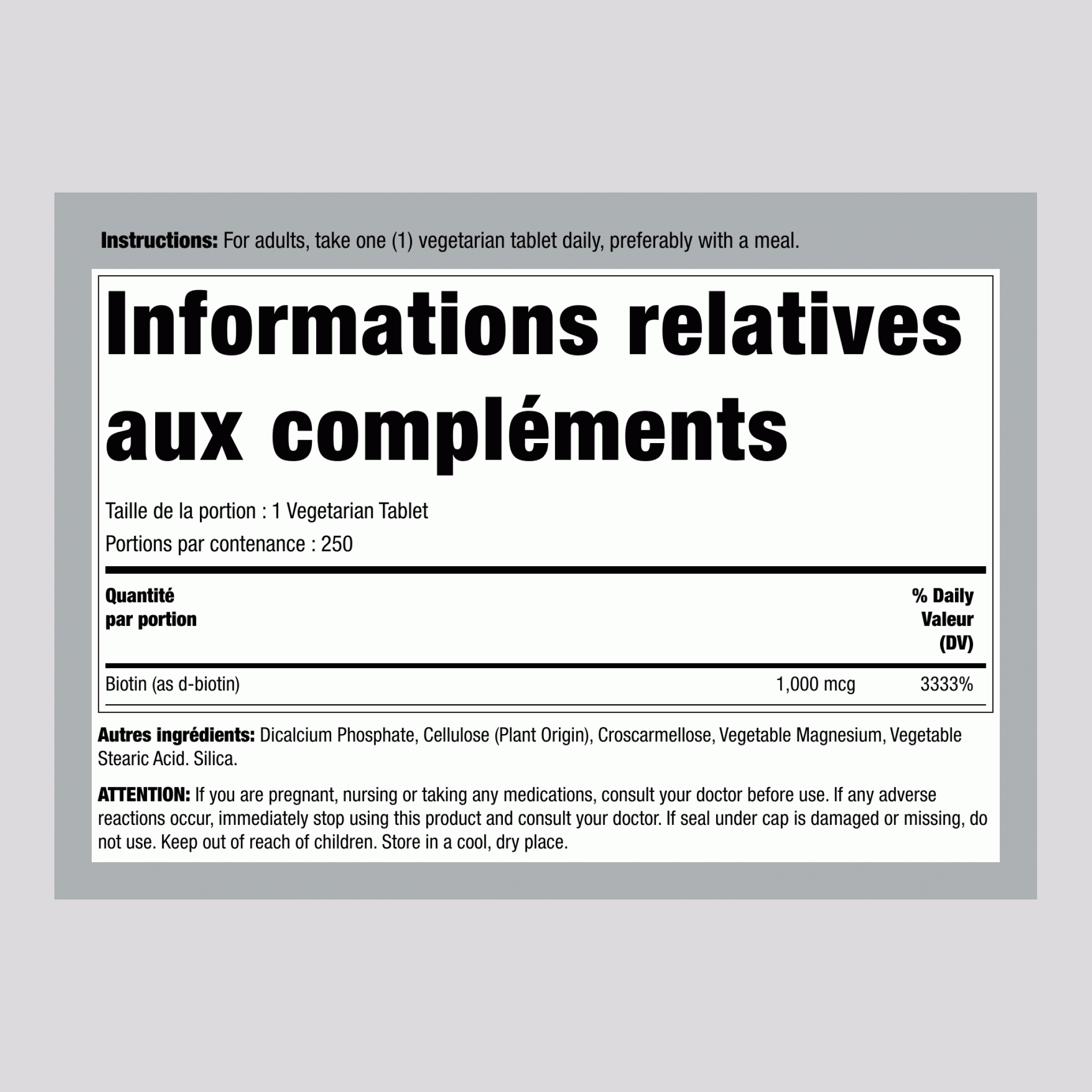 Biotine, 1000 mcg, 250 Comprimés Végétariens