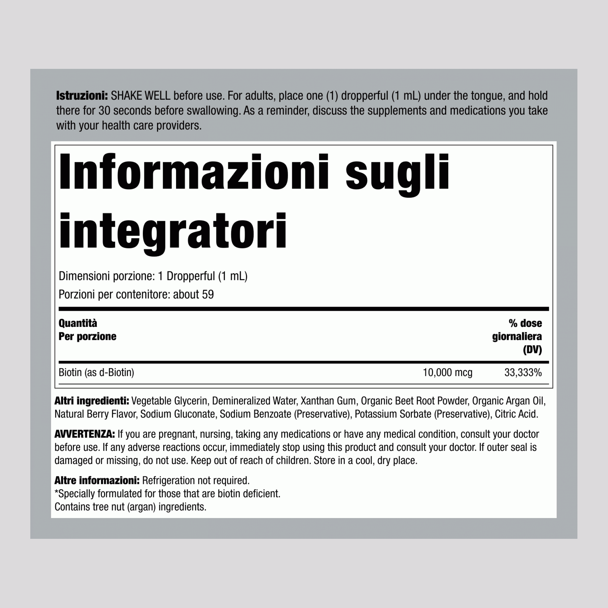 Biotina Liquida (Bacche), 10000 mcg (per porzione), Flacone con Contagocce da 2 fl oz (59 mL)