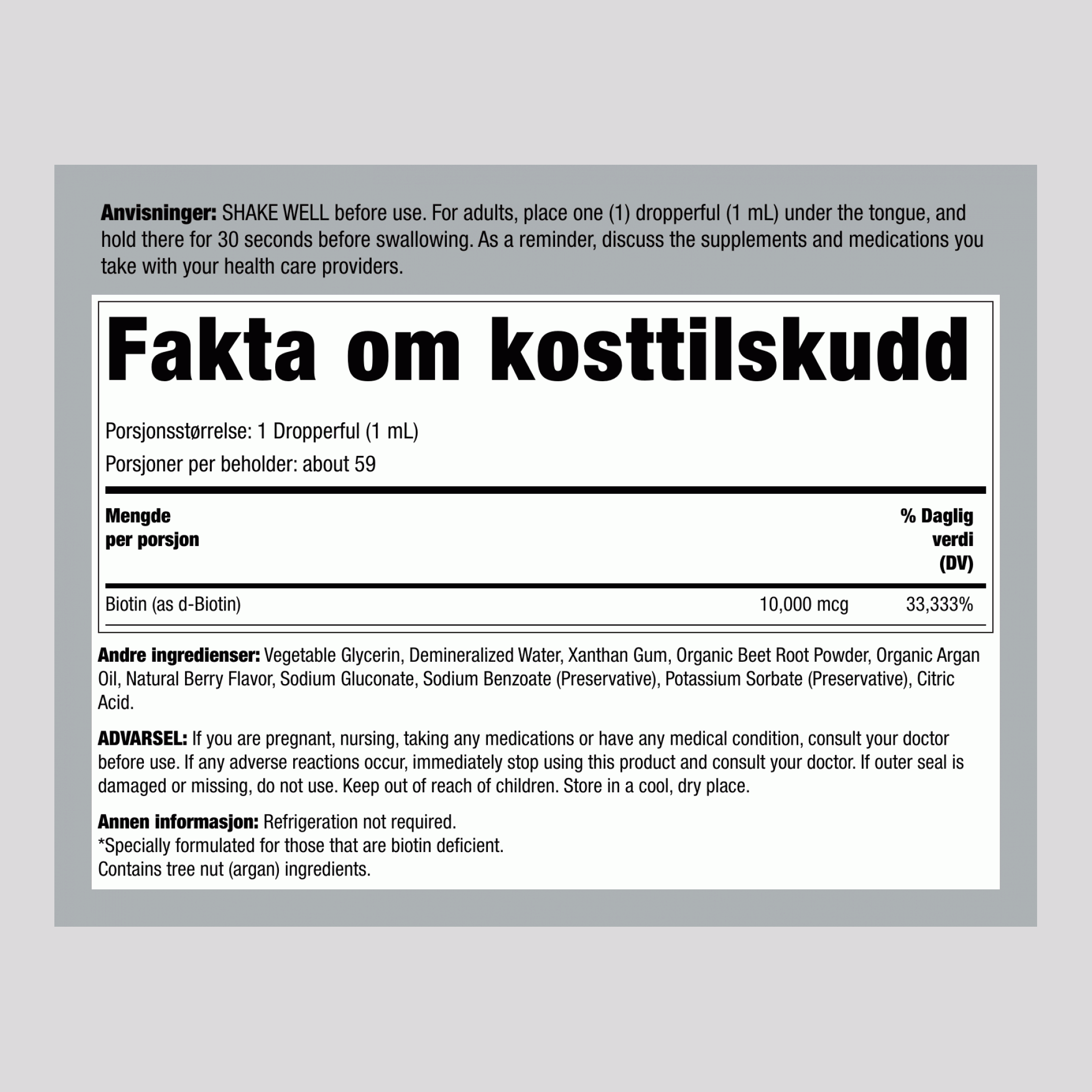 Flytende Biotin (Bær), 10000 mcg (per porsjon), 2 fl oz (59 mL) Dråpeflaske