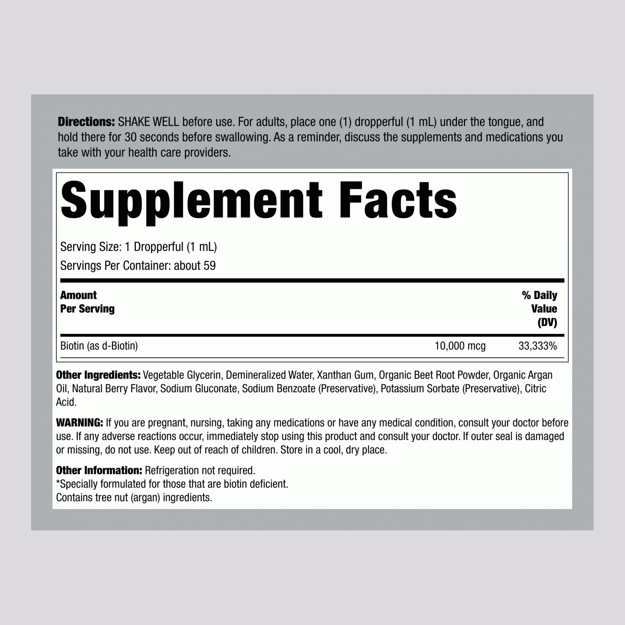 液體生物素（漿果味），10000微克（每份），2液體盎司（59毫升）滴管瓶