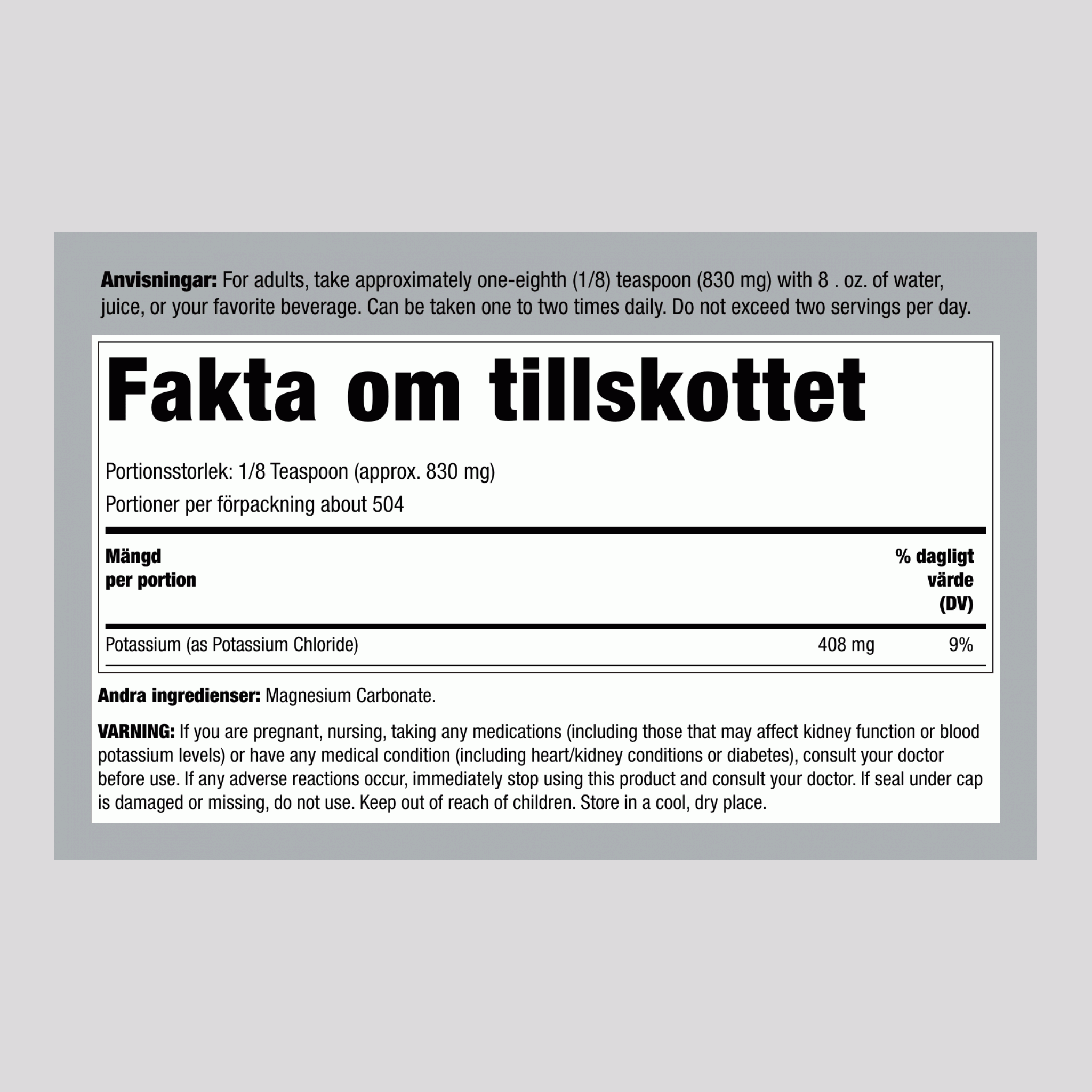 Kaliumkloridpulver, 454 g flaska