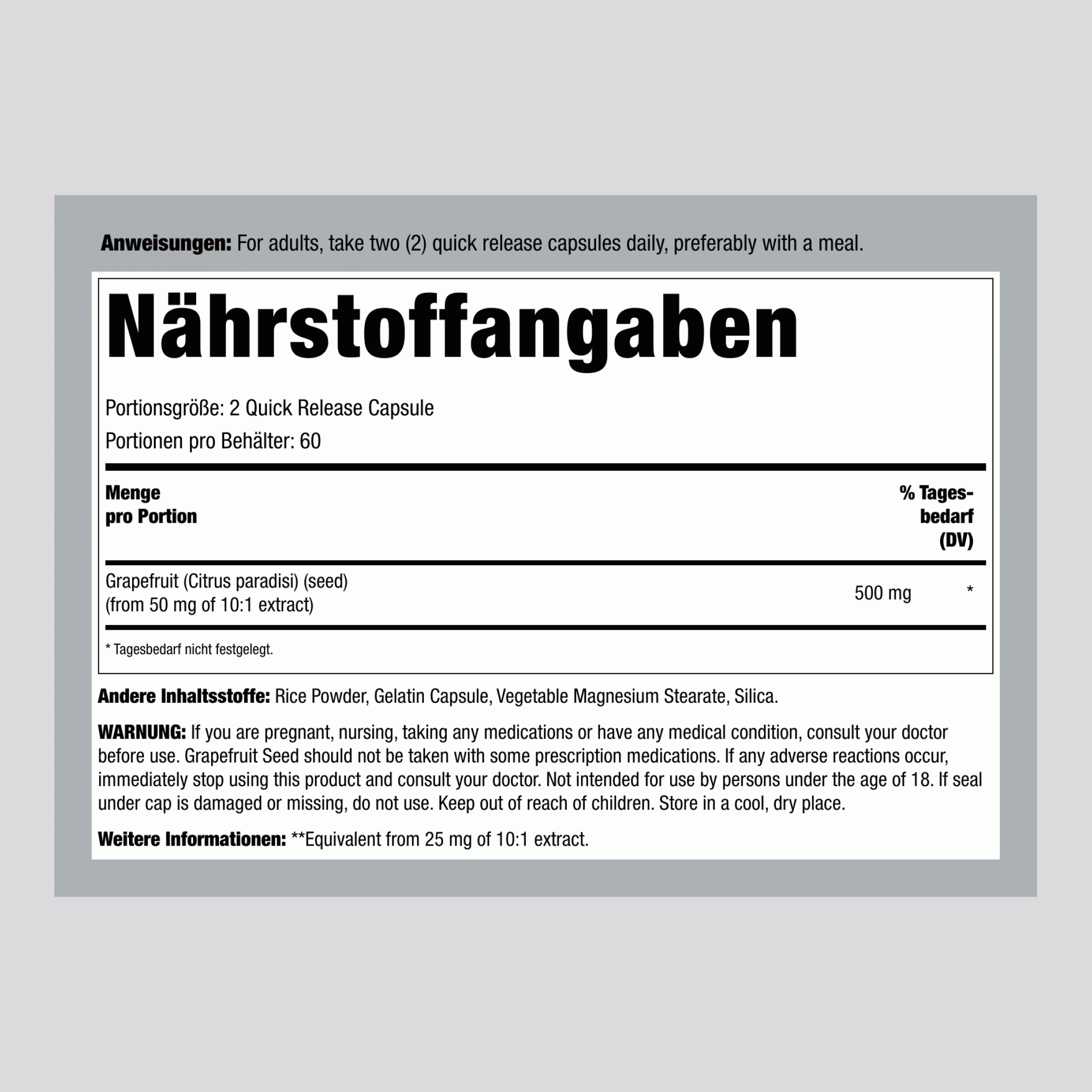 Grapefruit Seed, 500 mg (per serving), 120 Quick Release Capsules