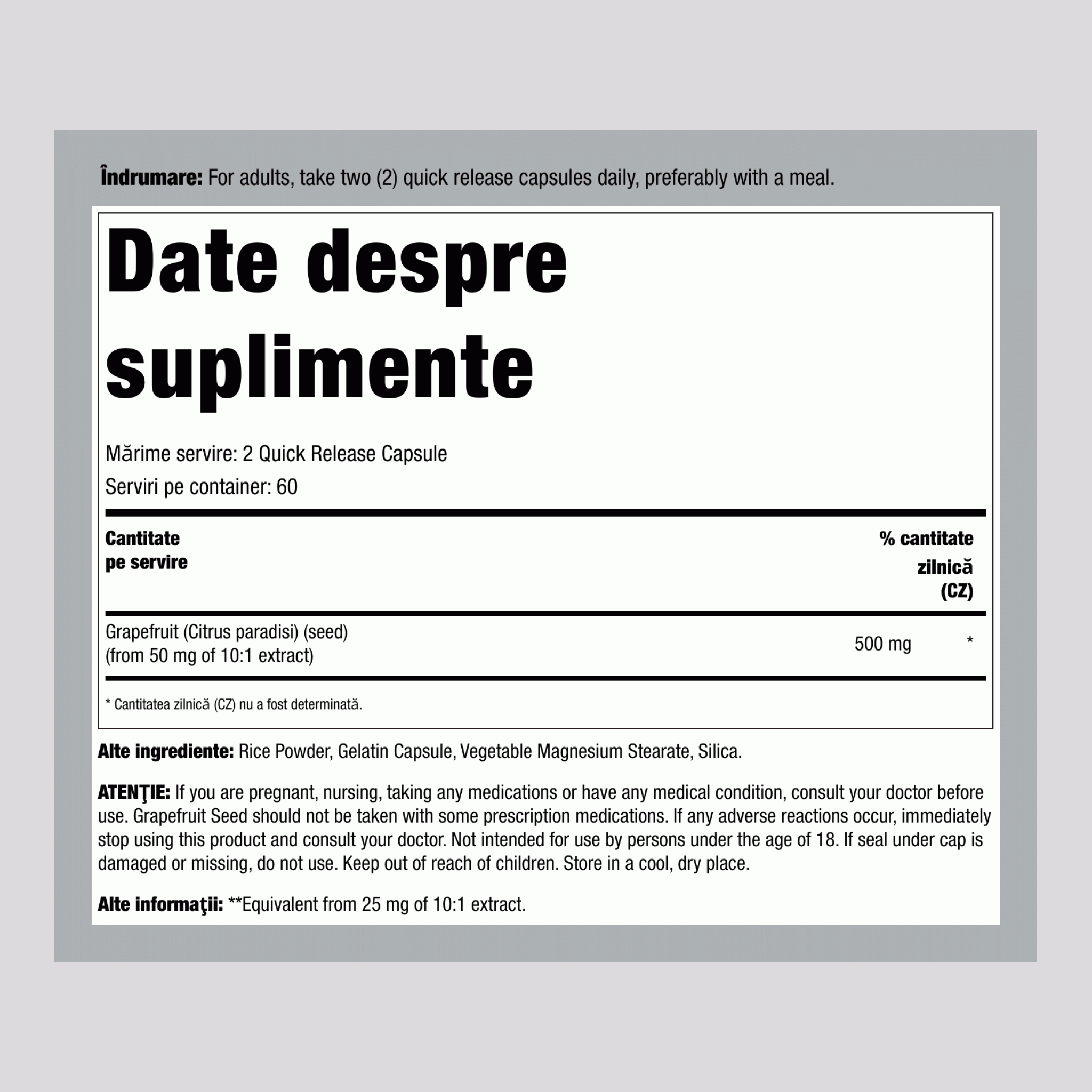 Grapefruit Seed, 500 mg (per serving), 120 Quick Release Capsules