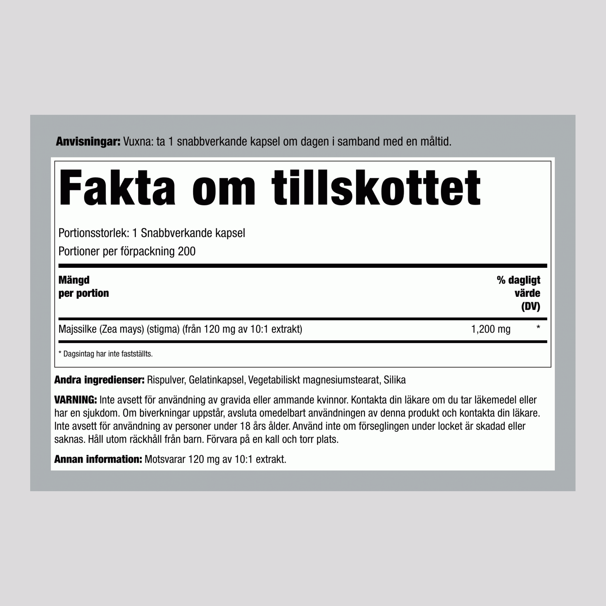 Majssilke, 1200 mg, 200 Snabbverkande Kapslar