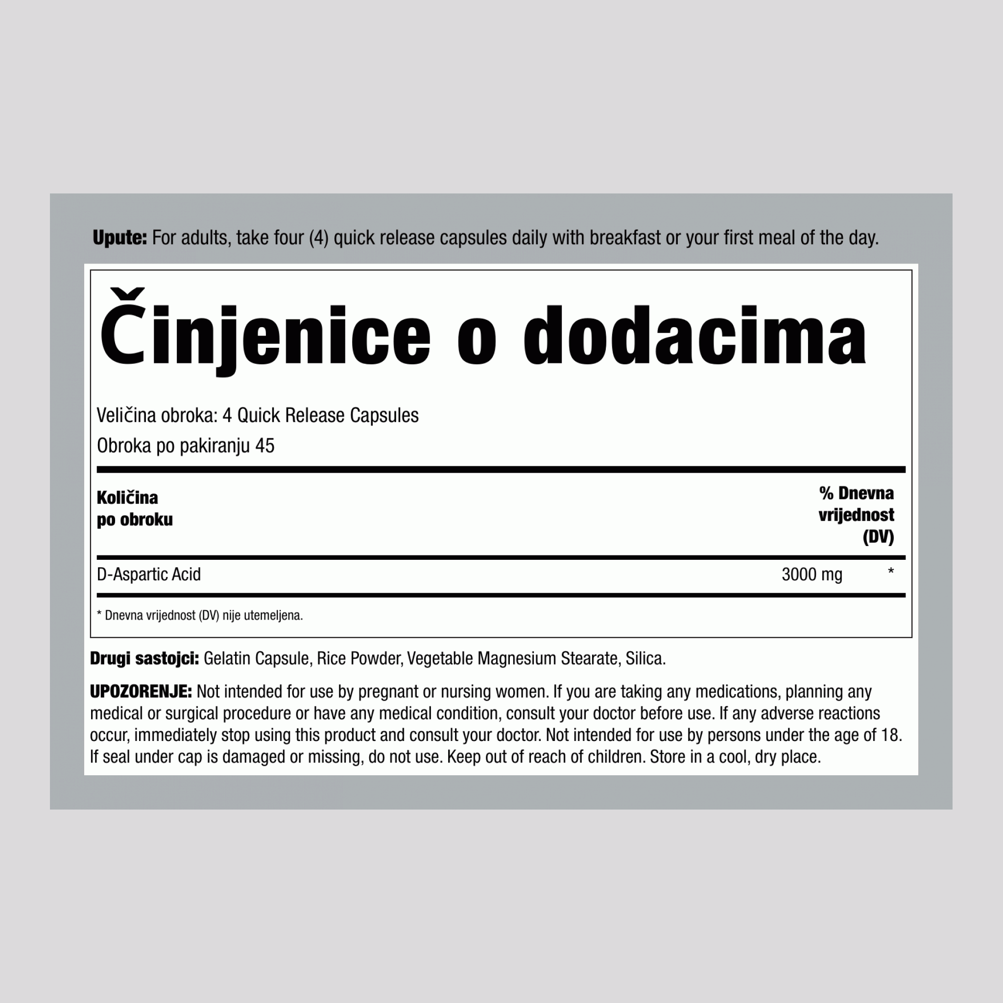 D-asparaginska kiselina, 3000 mg (po porciji), 180 kapsula s brzim oslobađanjem