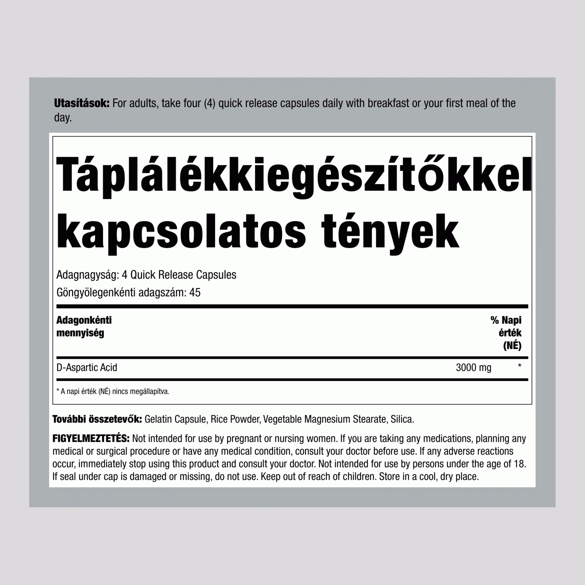 D-aszparaginsav, 3000 mg (adagonként), 180 gyors kioldódású kapszula