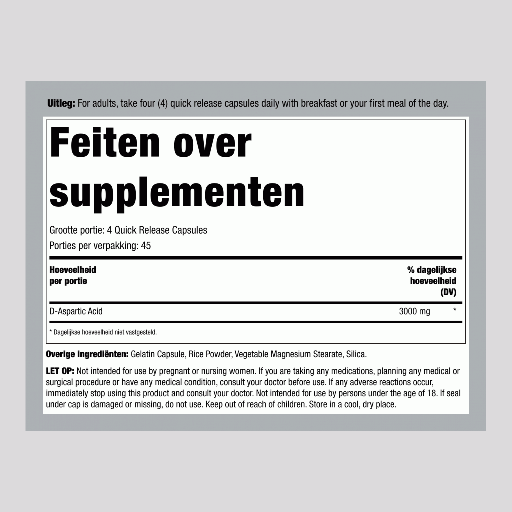 D-Asparaginezuur, 3000 mg (per portie), 180 Snel Vrijkomende Capsules