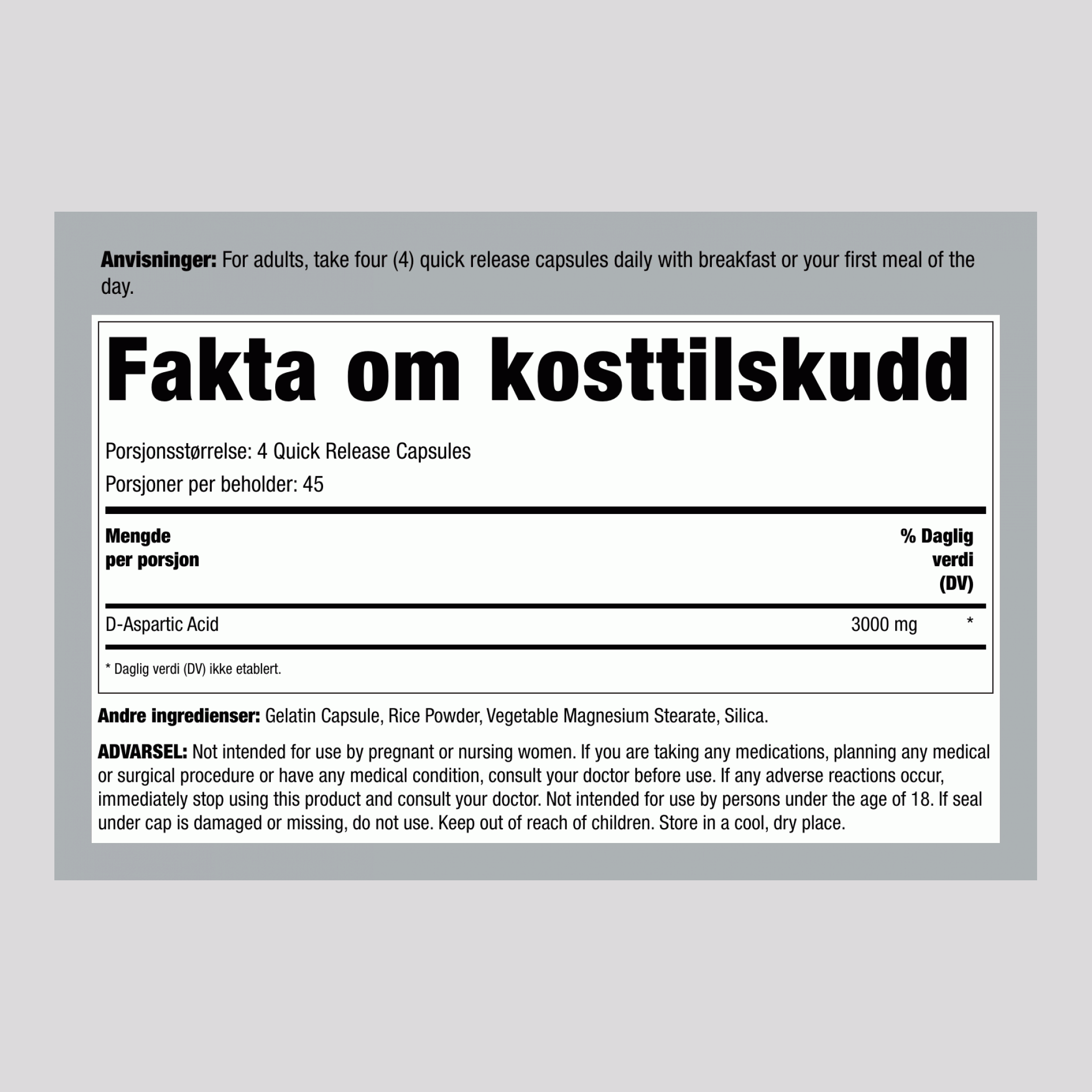 D-Asparaginsyre, 3000 mg (per porsjon), 180 hurtigutløsende kapsler