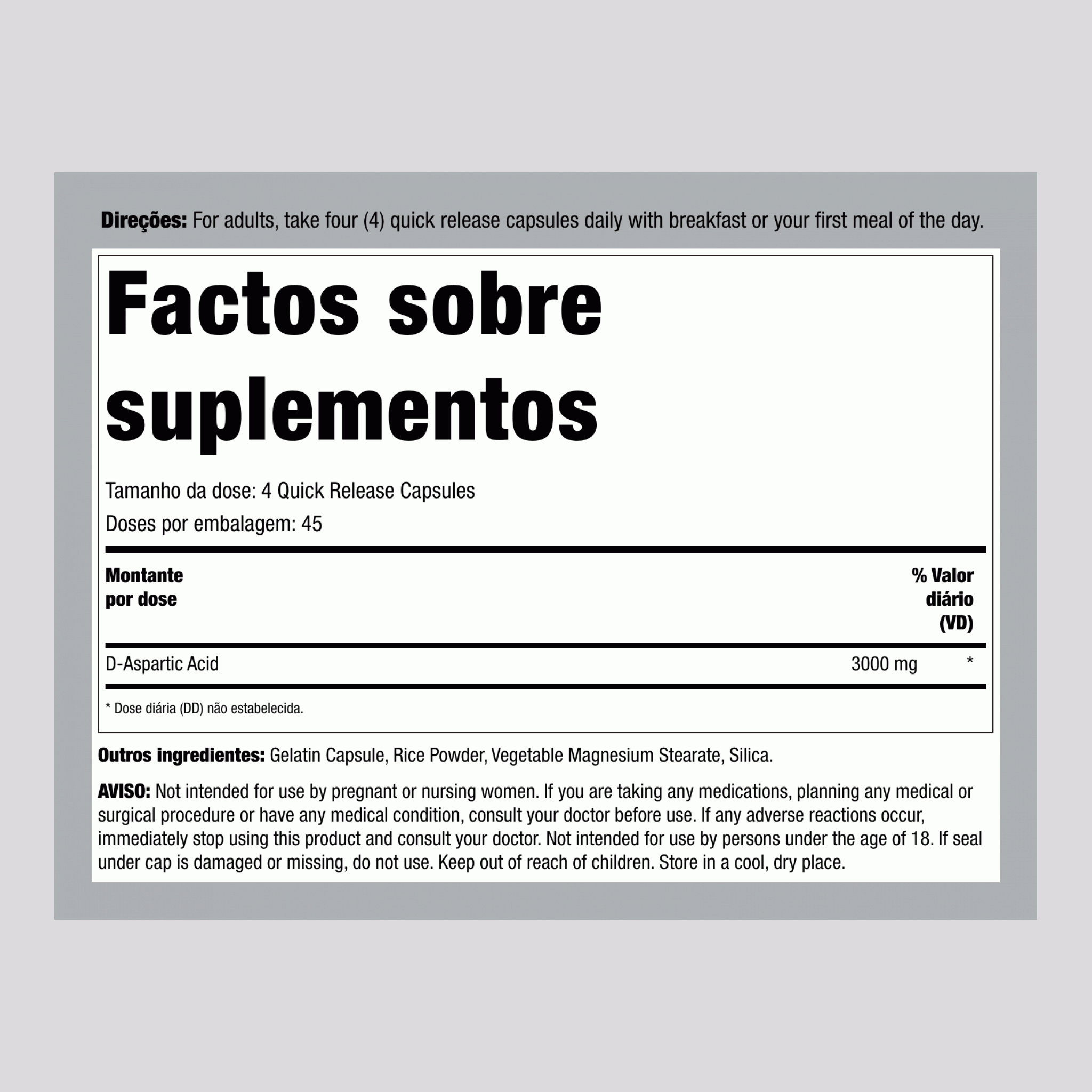 Ácido D-Aspártico, 3000 mg (por porção), 180 Cápsulas de Liberação Rápida