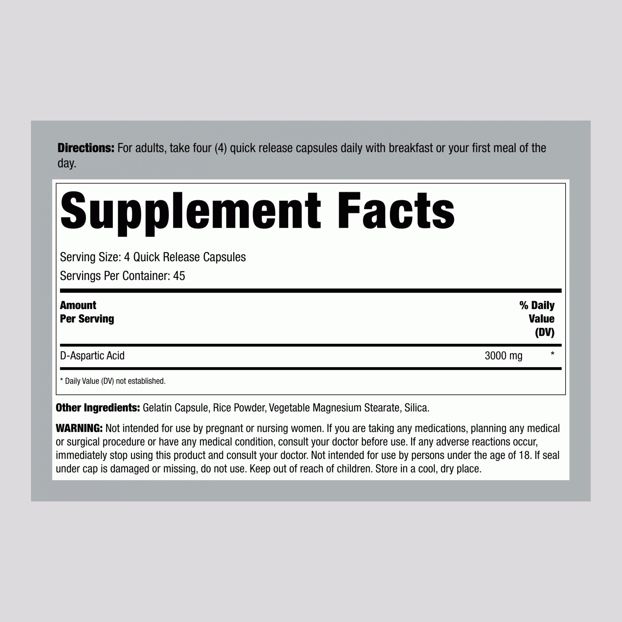 D-天門冬氨酸，3000 毫克（每份），180 快速釋放膠囊