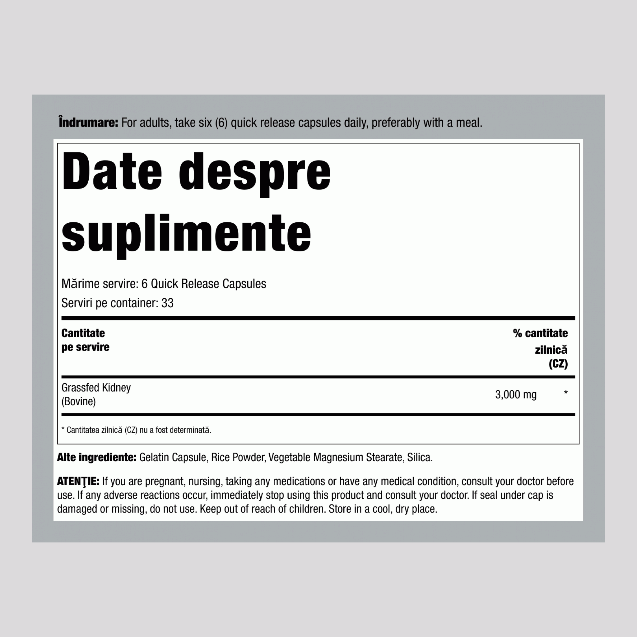 Rinichi de vită hrănită cu iarbă 3000 mg 200 Capsule   