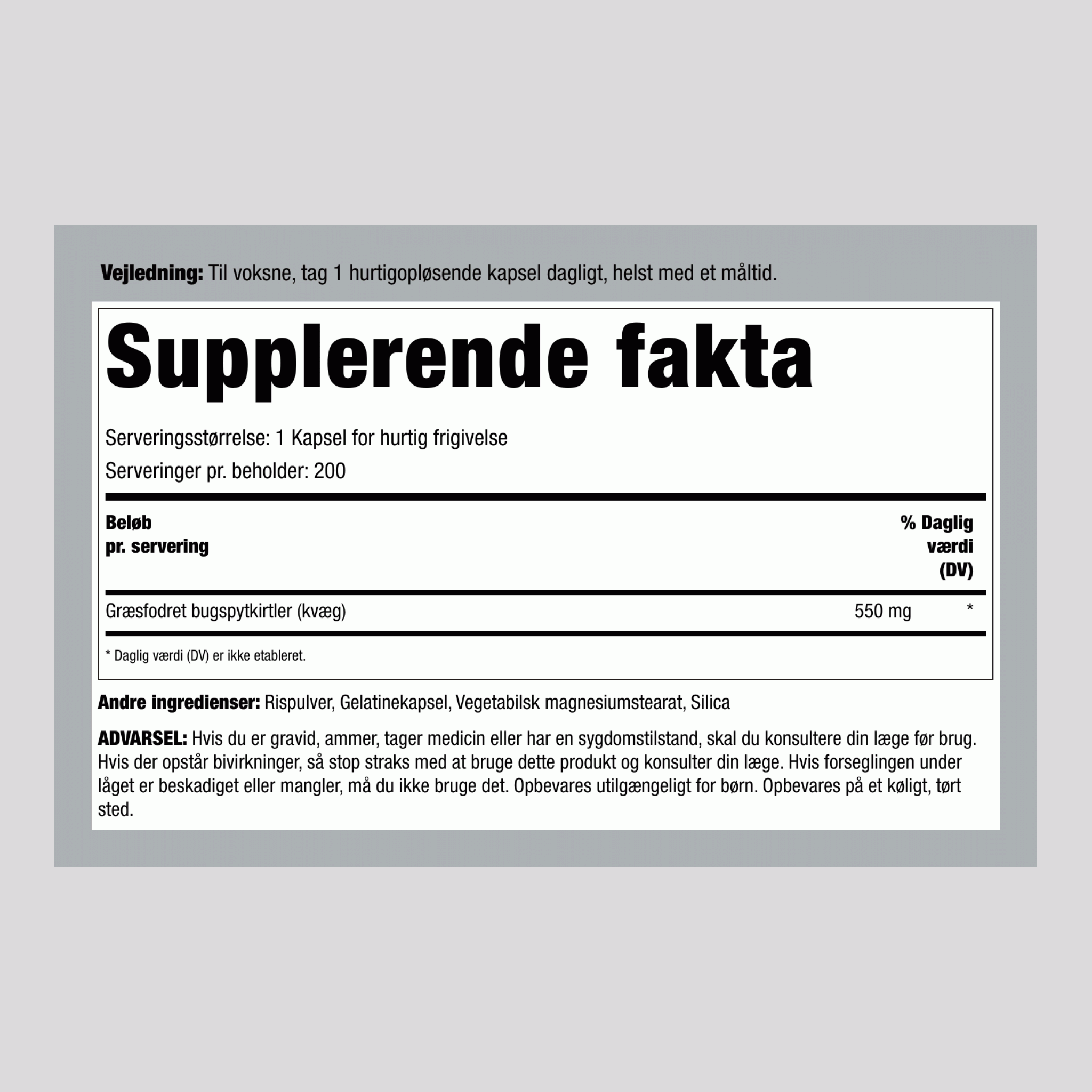 Græsfodret Okse Pancreas, 550 mg, 200 Kapsler