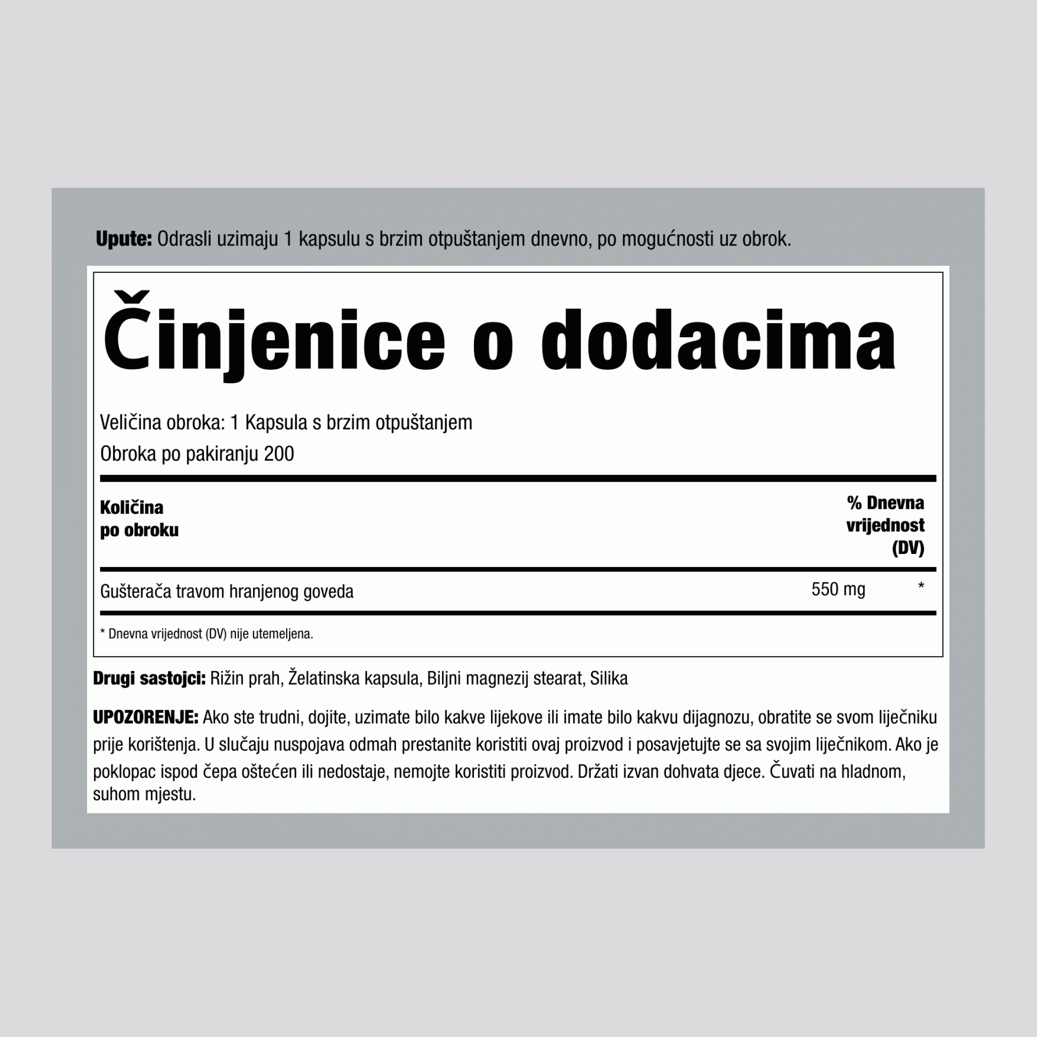 Gušterača govedine hranjene travom, 550 mg, 200 kapsula