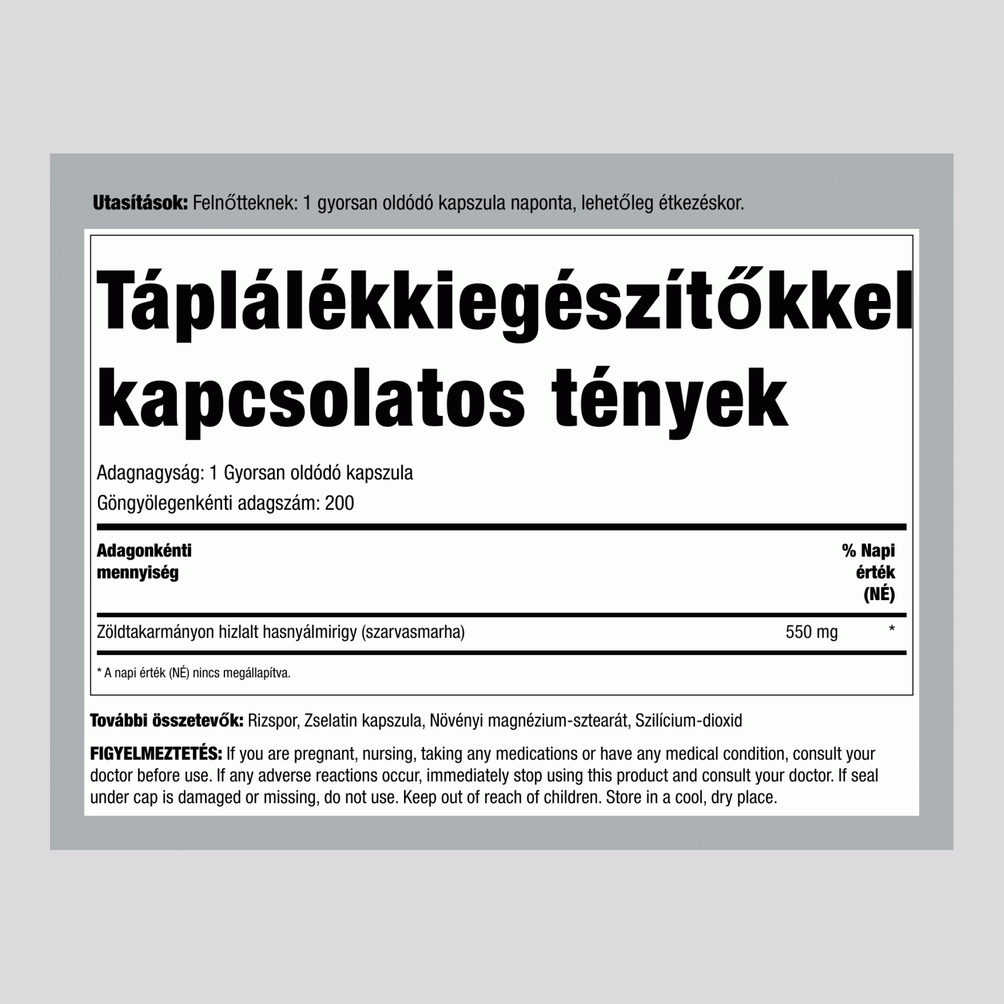 Fűvel Táplált Marhapankreász, 550 mg, 200 Kapszula