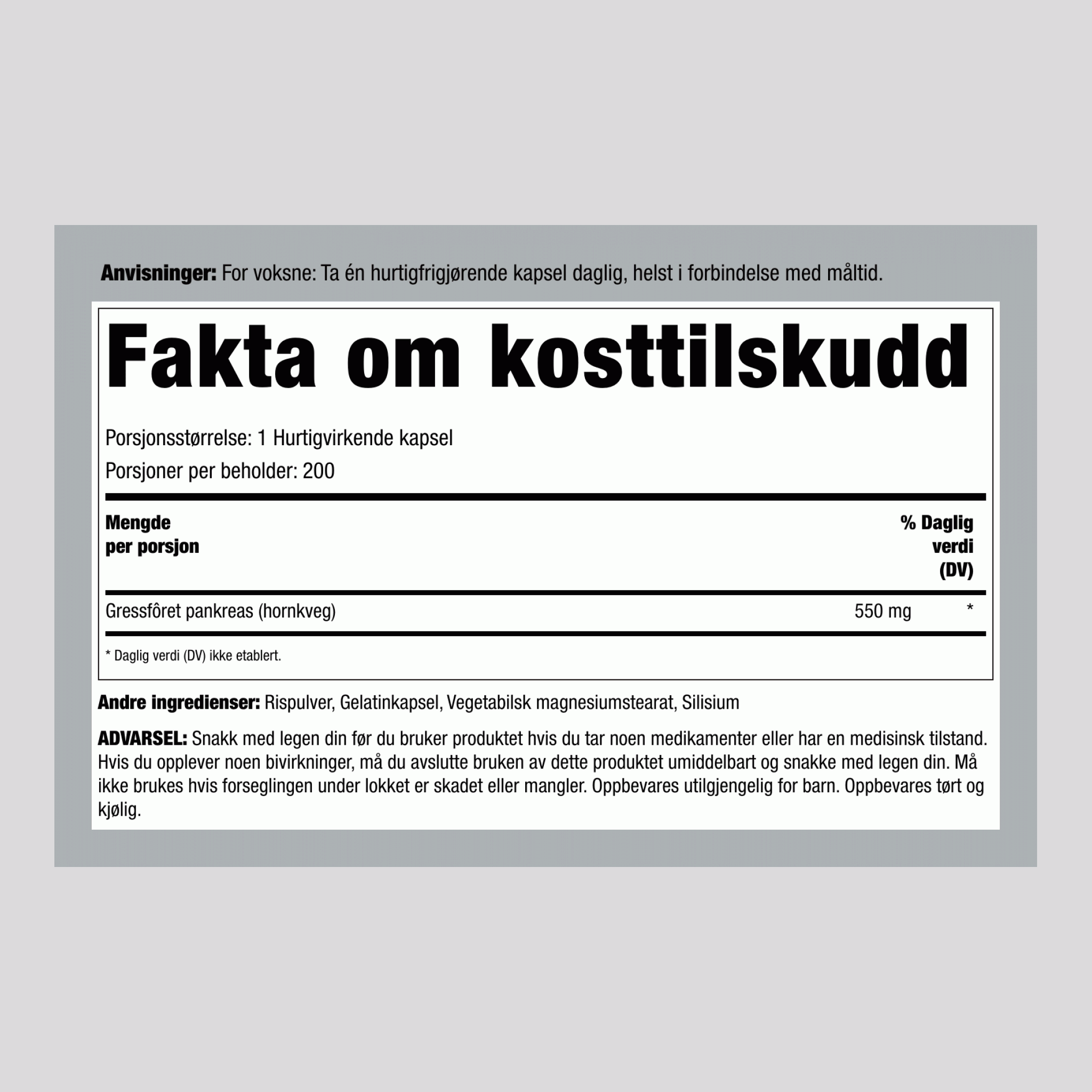 Gressfôret Storfe Pankreas, 550 mg, 200 Kapsler