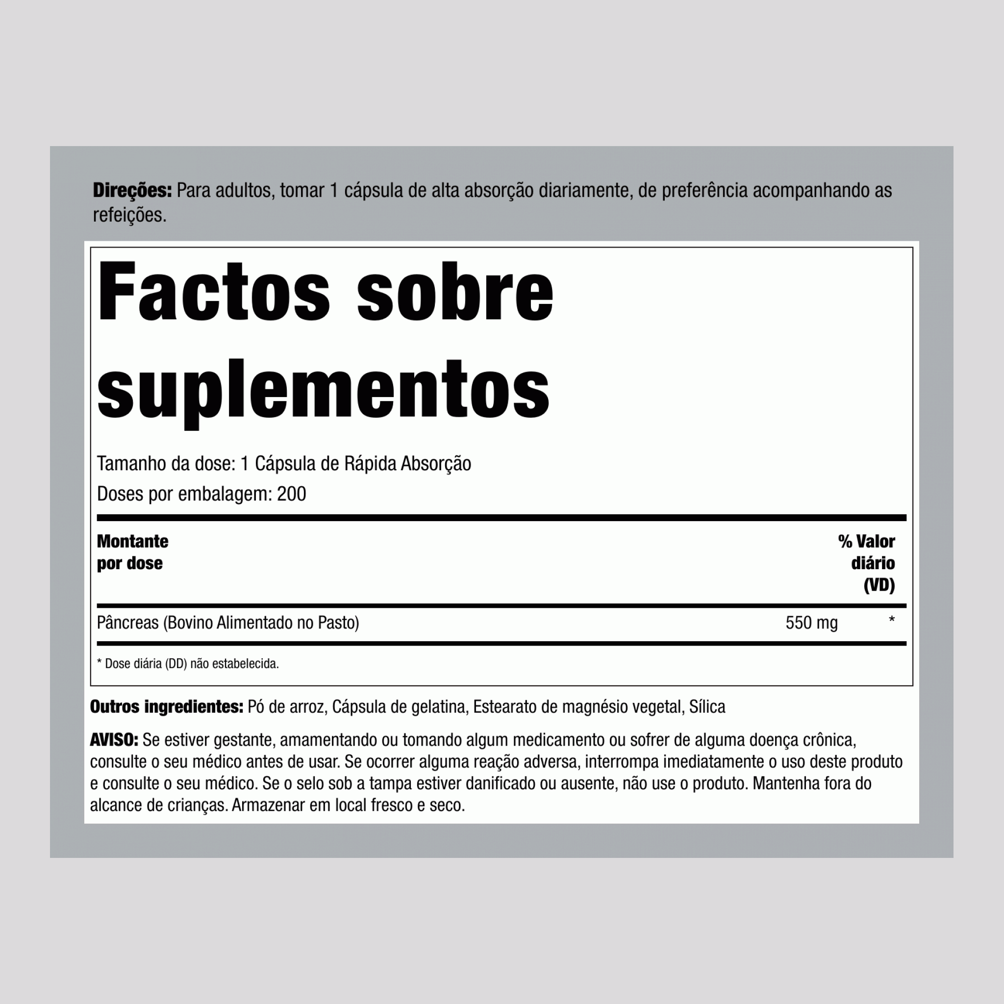 Pâncreas de Carne Alimentado com Capim, 550 mg, 200 Cápsulas