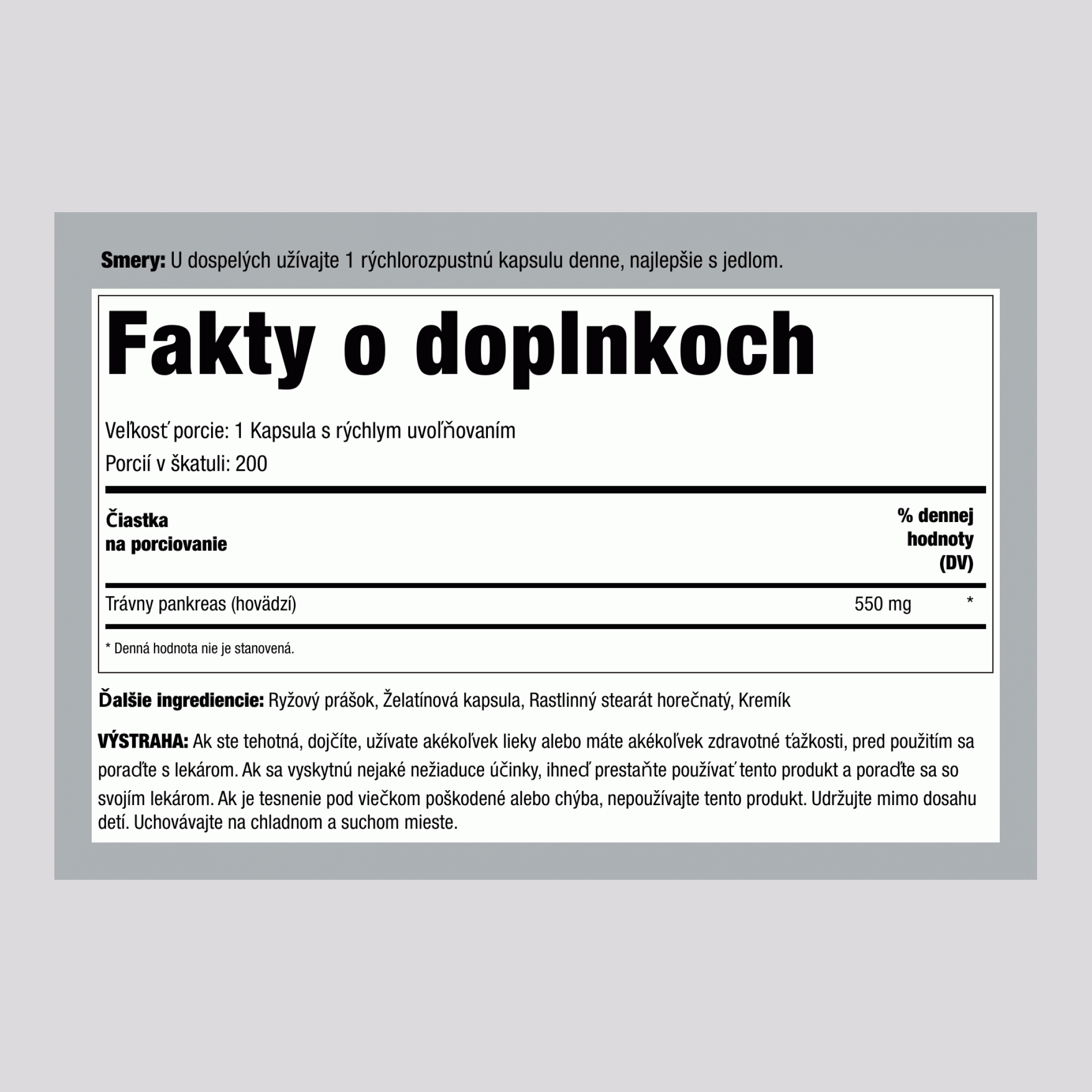 Hovädzia podžalúdková žľaza z pasúcej sa trávy, 550 mg, 200 kapsúl