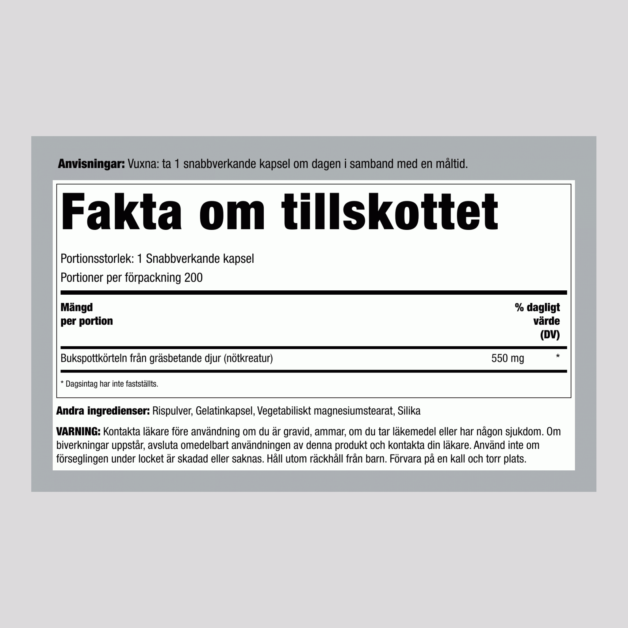 Gräsbetad Nötkreatur Pankreas, 550 mg, 200 Kapslar