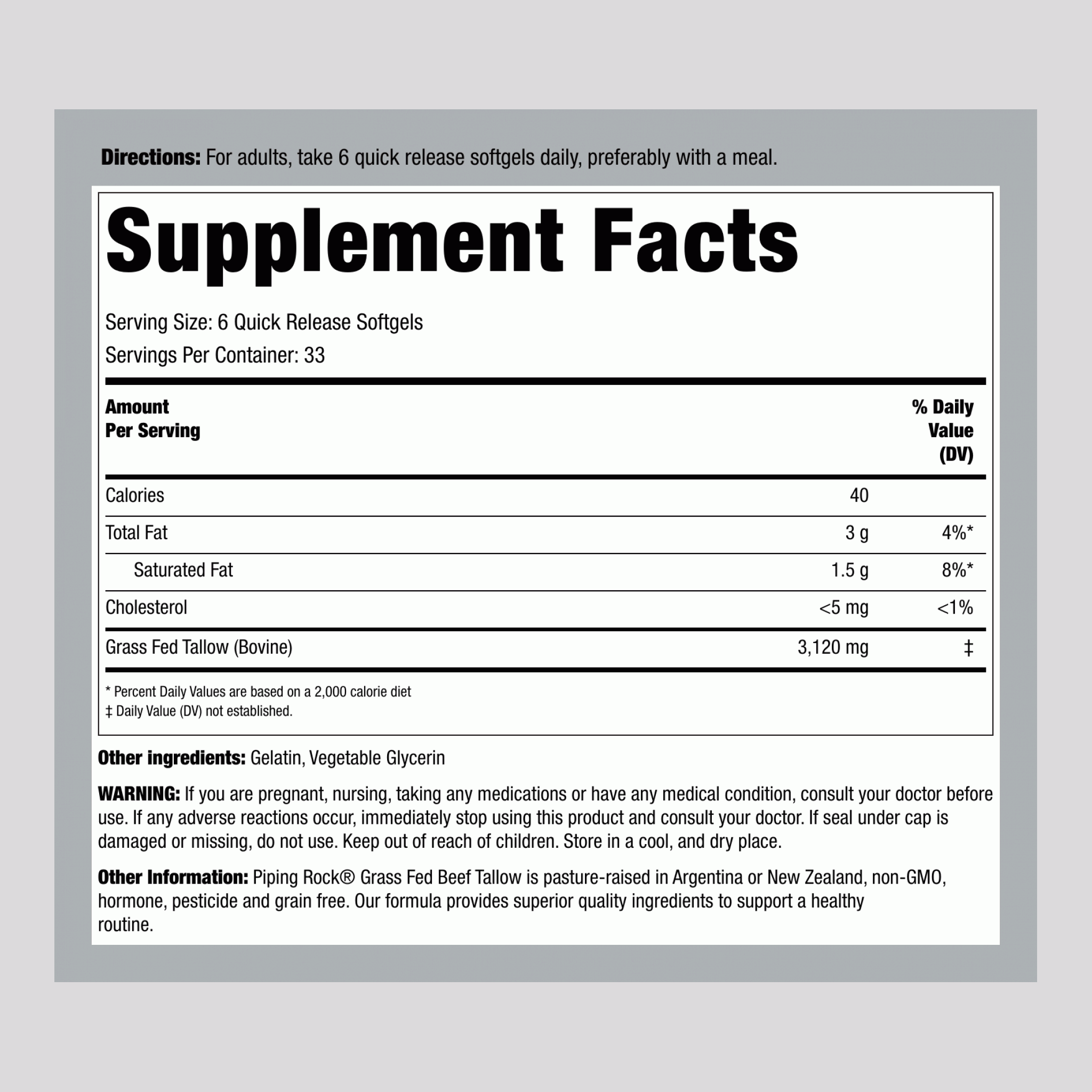 Grass Fed Beef Tallow, 3120 mg (per serving), 200 Softgels