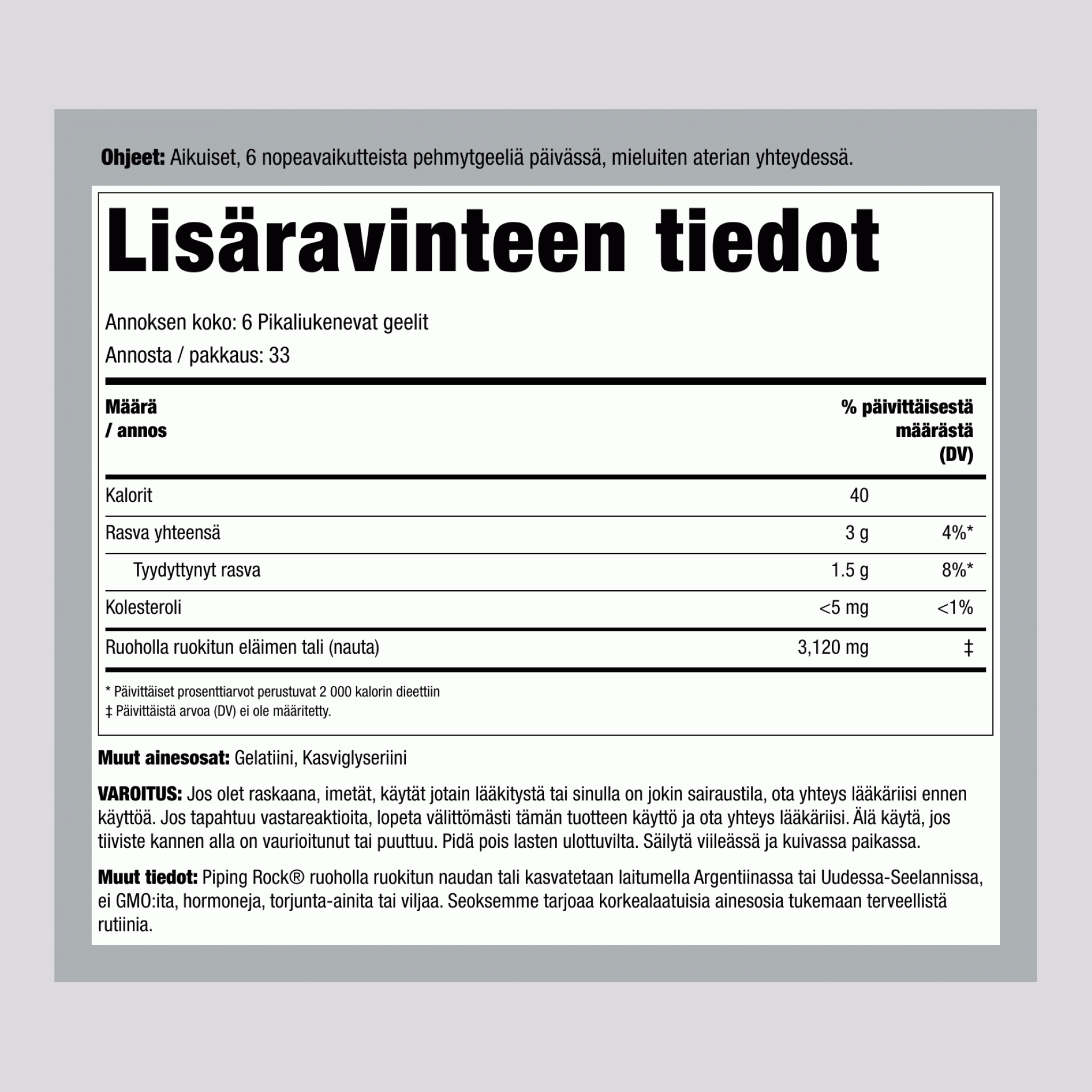 Luomurehun naudan tali, 3120 mg (annosta kohti), 200 pehmeää kapselia