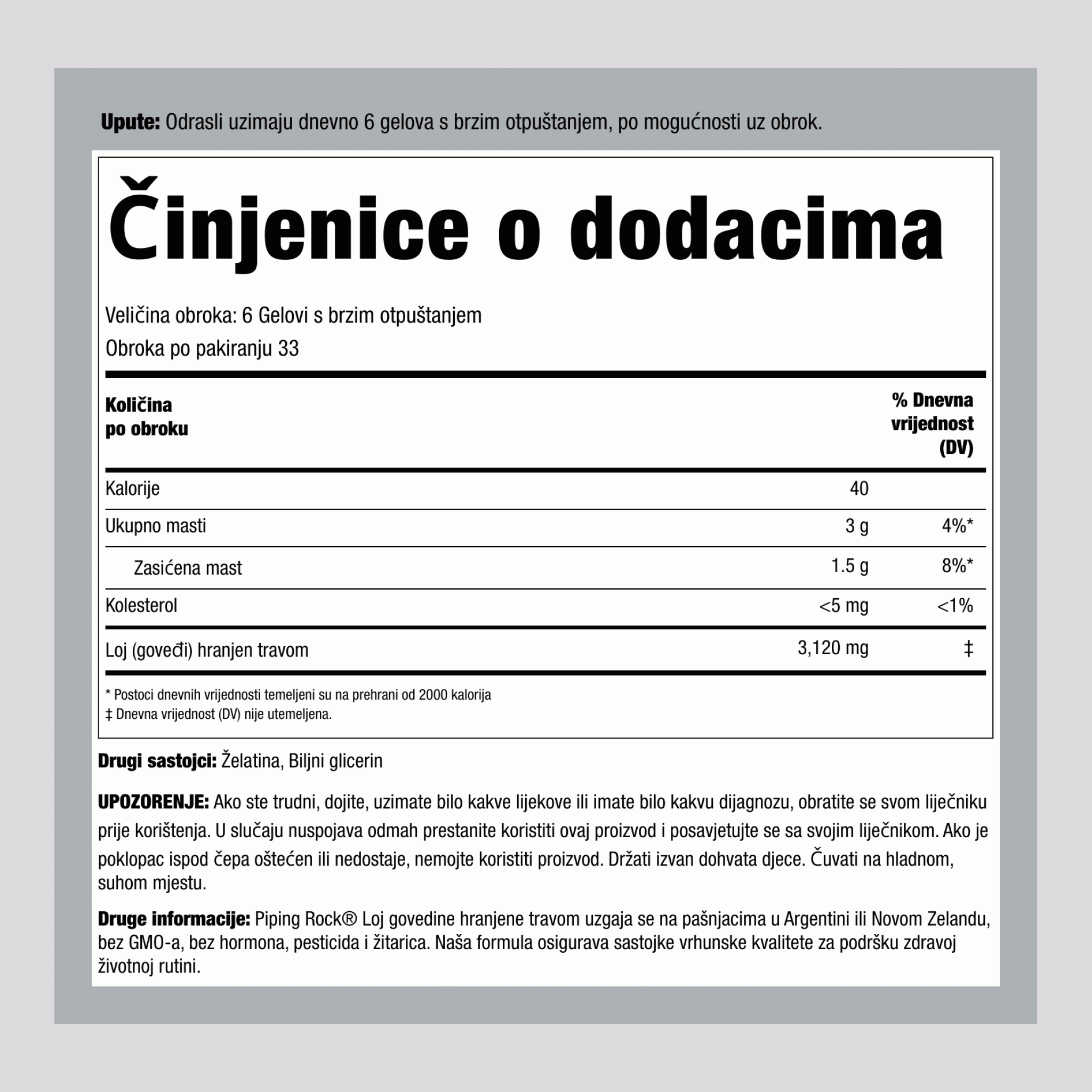 Tad s travom hranjen goveđi loj, 3120 mg (po porciji), 200 mekih kapsula